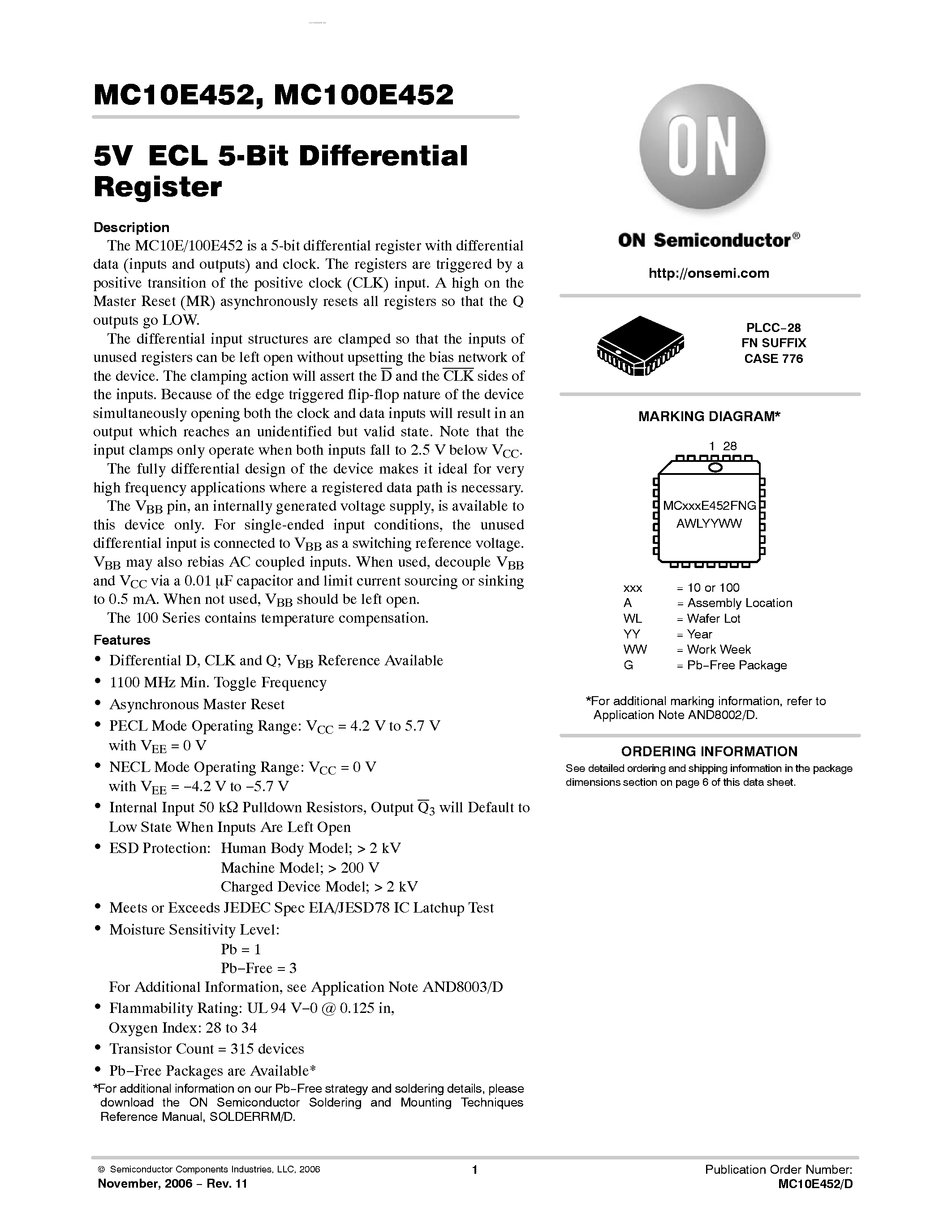 Даташит на микросхему MC100E452 страница 1 Даташит MC100E452 - 5-BIT DIFFERENTIAL REGISTER страница 1