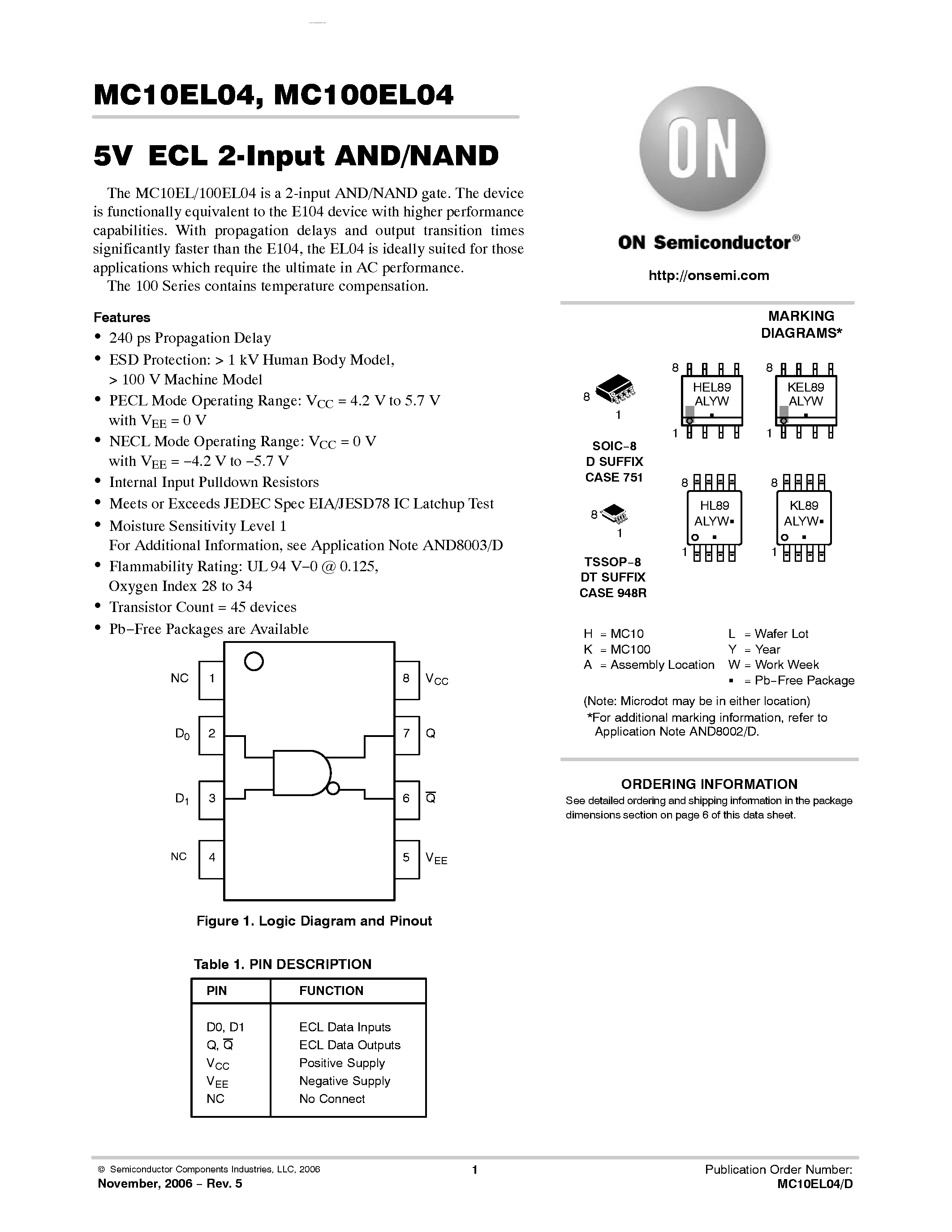 Даташит на микросхему MC100EL04 страница 1 Даташит MC100EL04 - 2-Input AND/NAND страница 1
