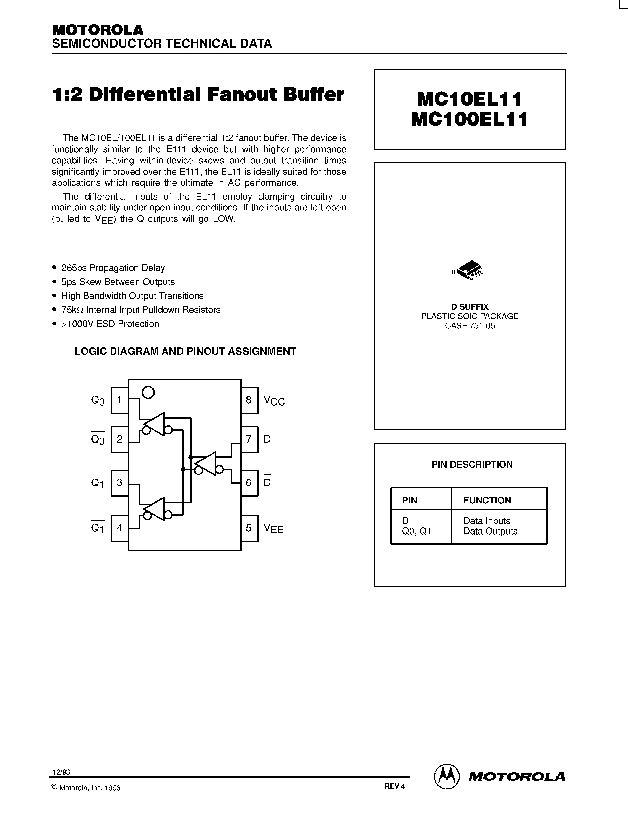 Даташит на микросхему MC100EL11D страница 1 Даташит MC100EL11D - 1:2 Differential Fanout Buffer страница 1