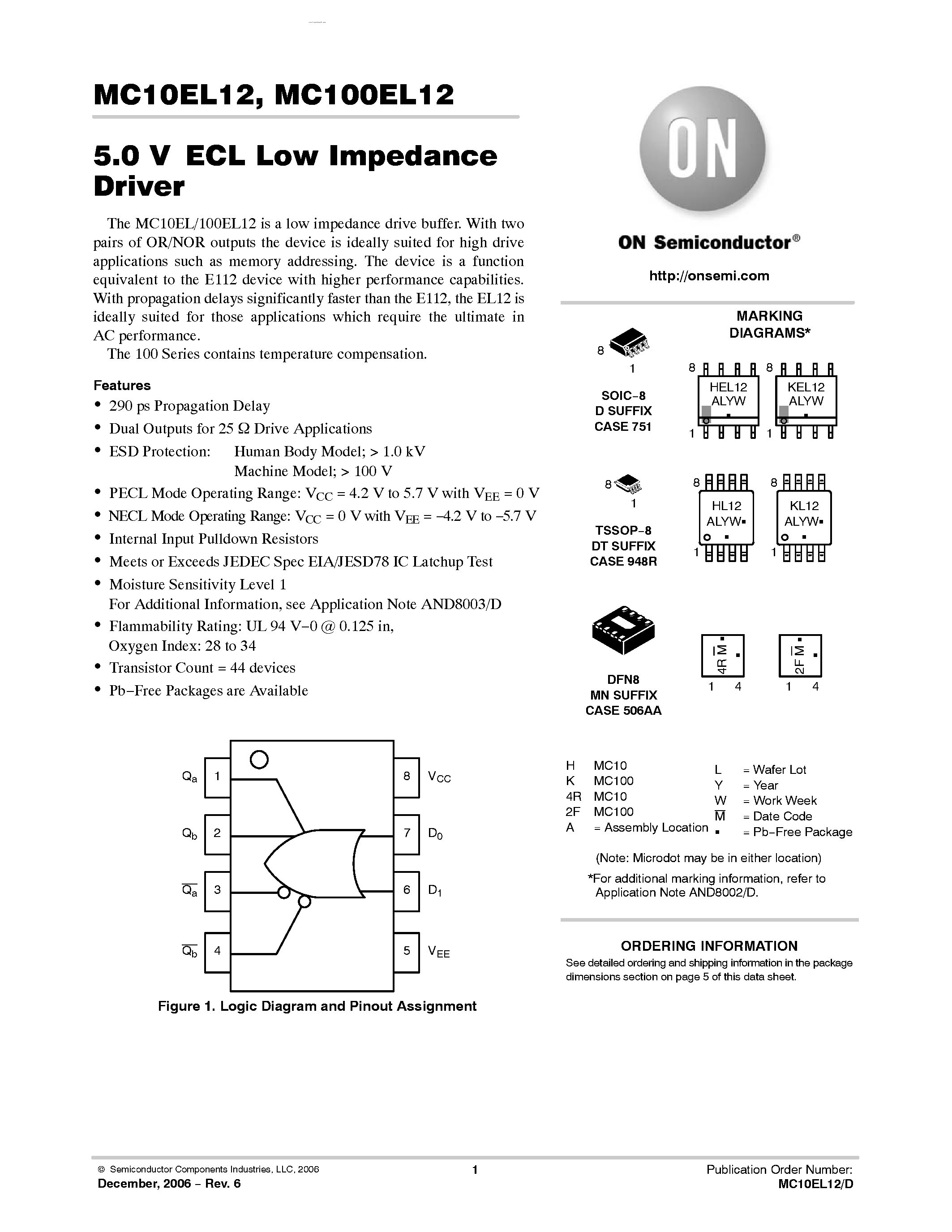Даташит на микросхему MC100EL12 страница 1 Даташит MC100EL12 - Low Impedance Driver страница 1