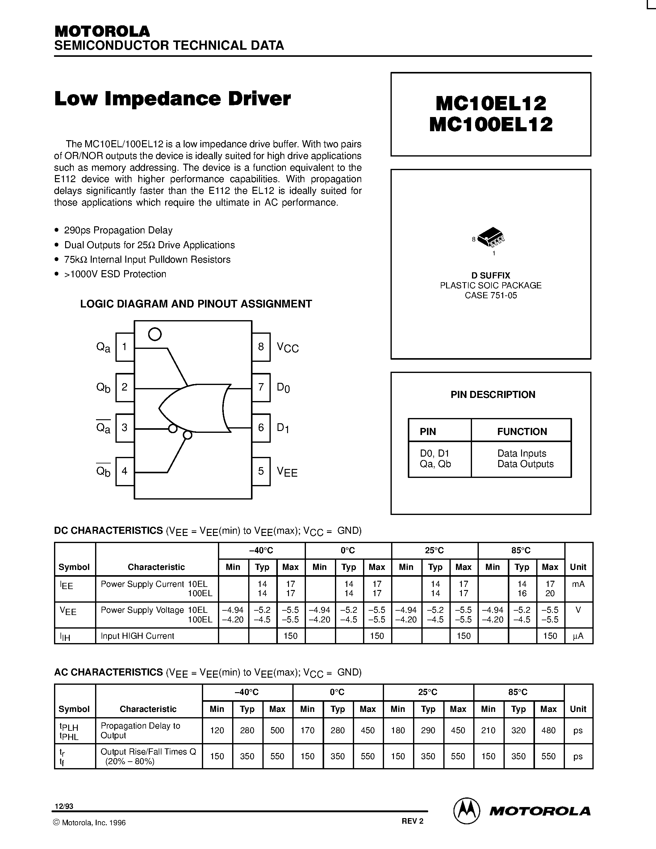 Даташит на микросхему MC100EL12D страница 1 Даташит MC100EL12D - Low Impedance Drive страница 1