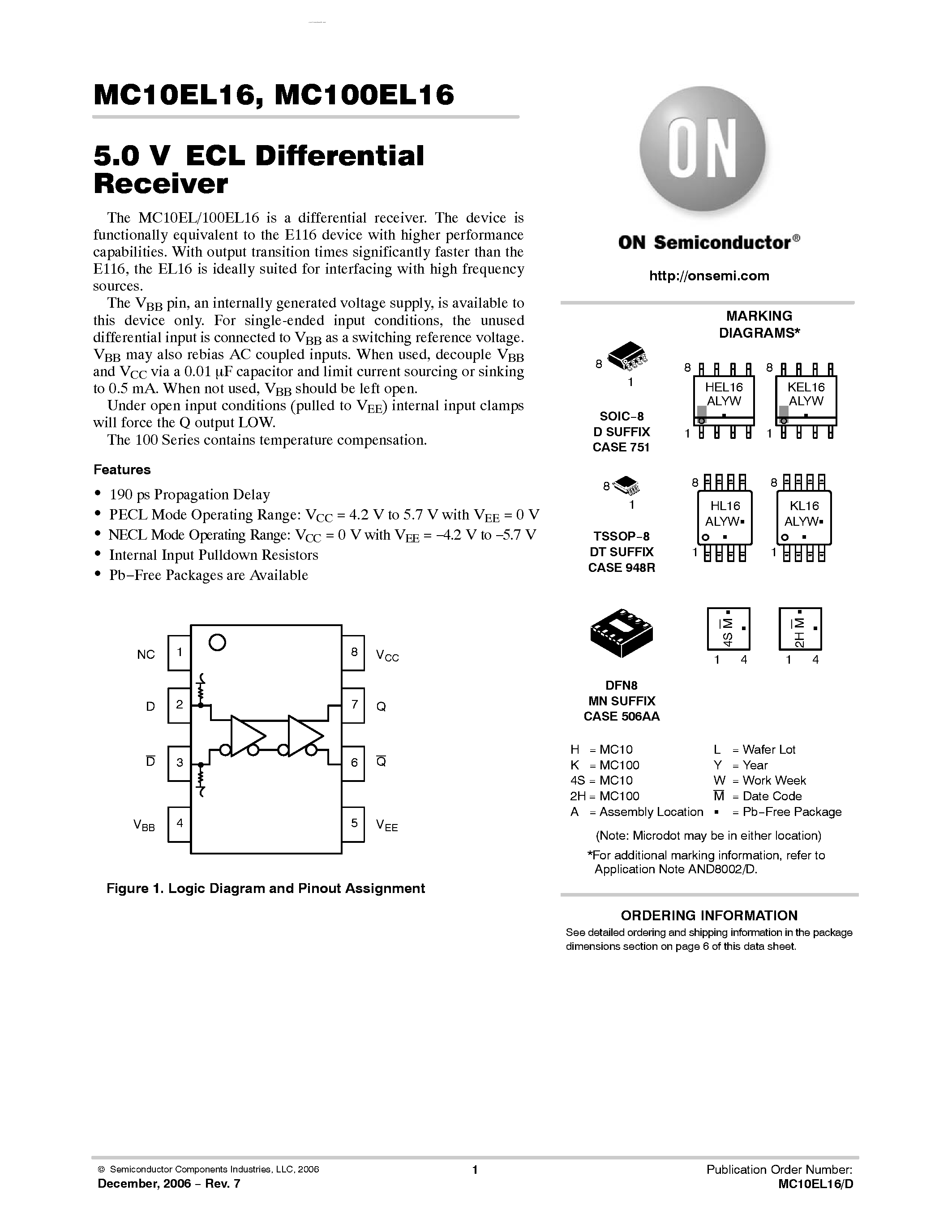 Datasheet MC100EL16 page 1 Datasheet MC100EL16 - Differential Receiver page 1