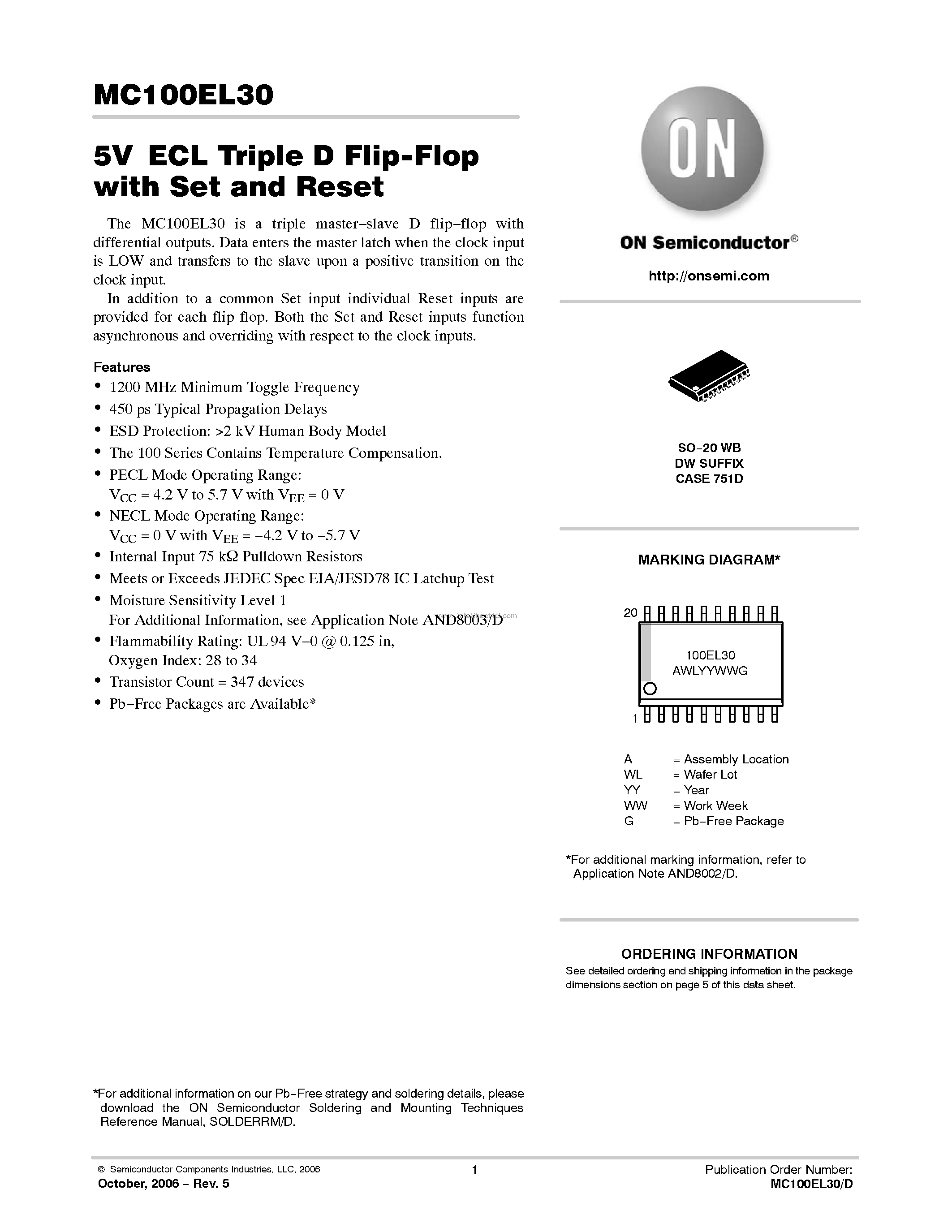 Datasheet MC100EL30 page 1 Datasheet MC100EL30 - Triple D Flip-Flop With Set and Reset page 1