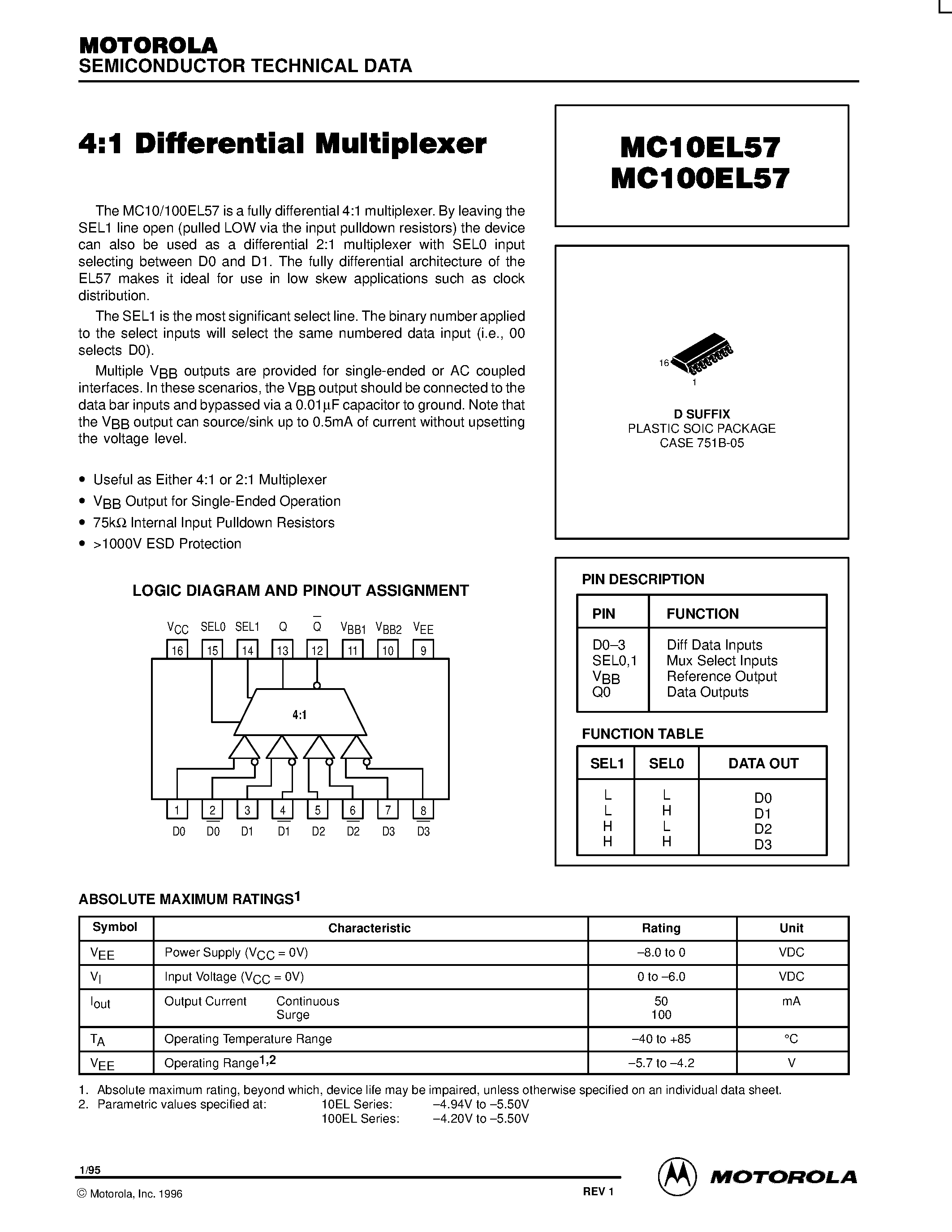 Даташит MC100EL57D - 4:1 Differential Multiplexer страница 1