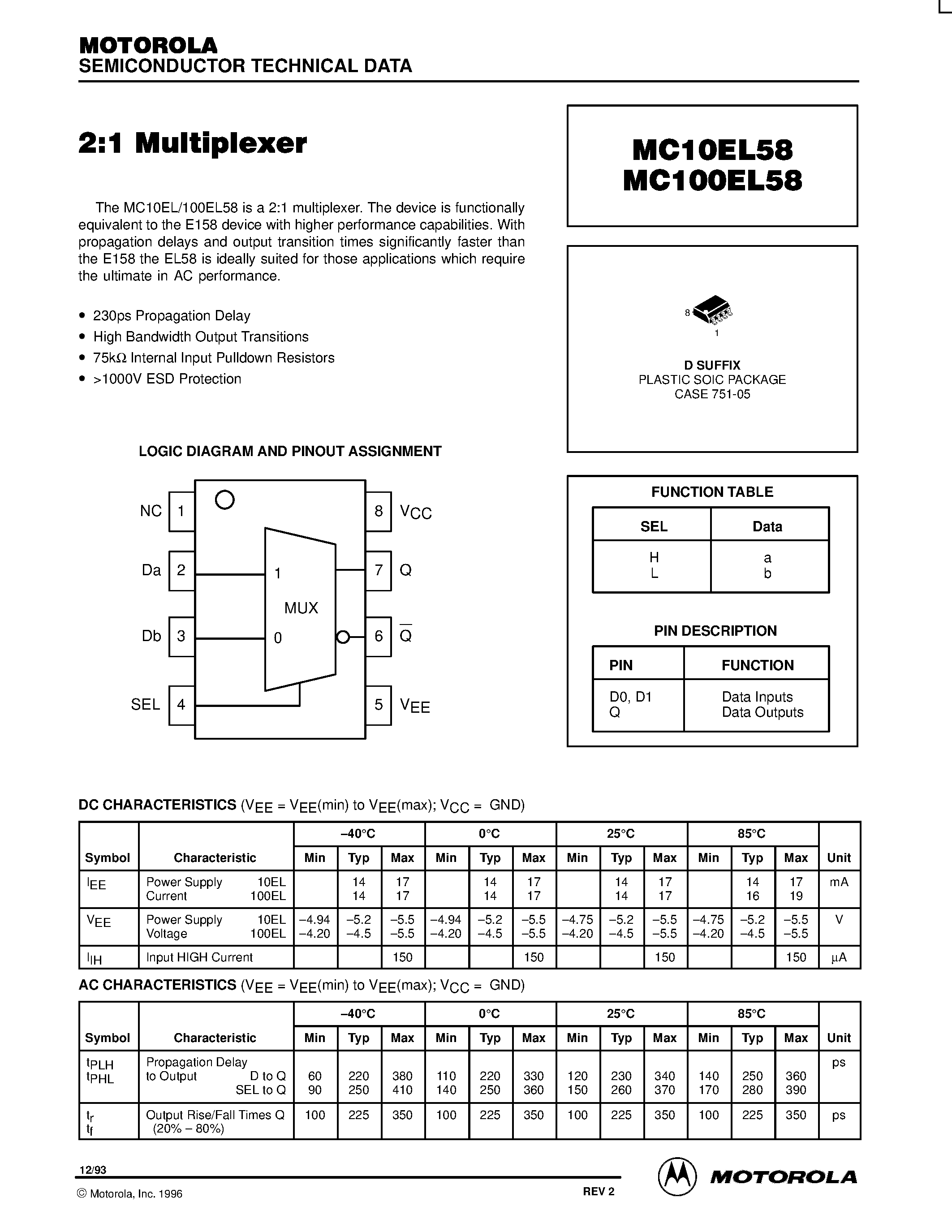 Даташит MC100EL58D - 2:1 Multiplexer страница 1