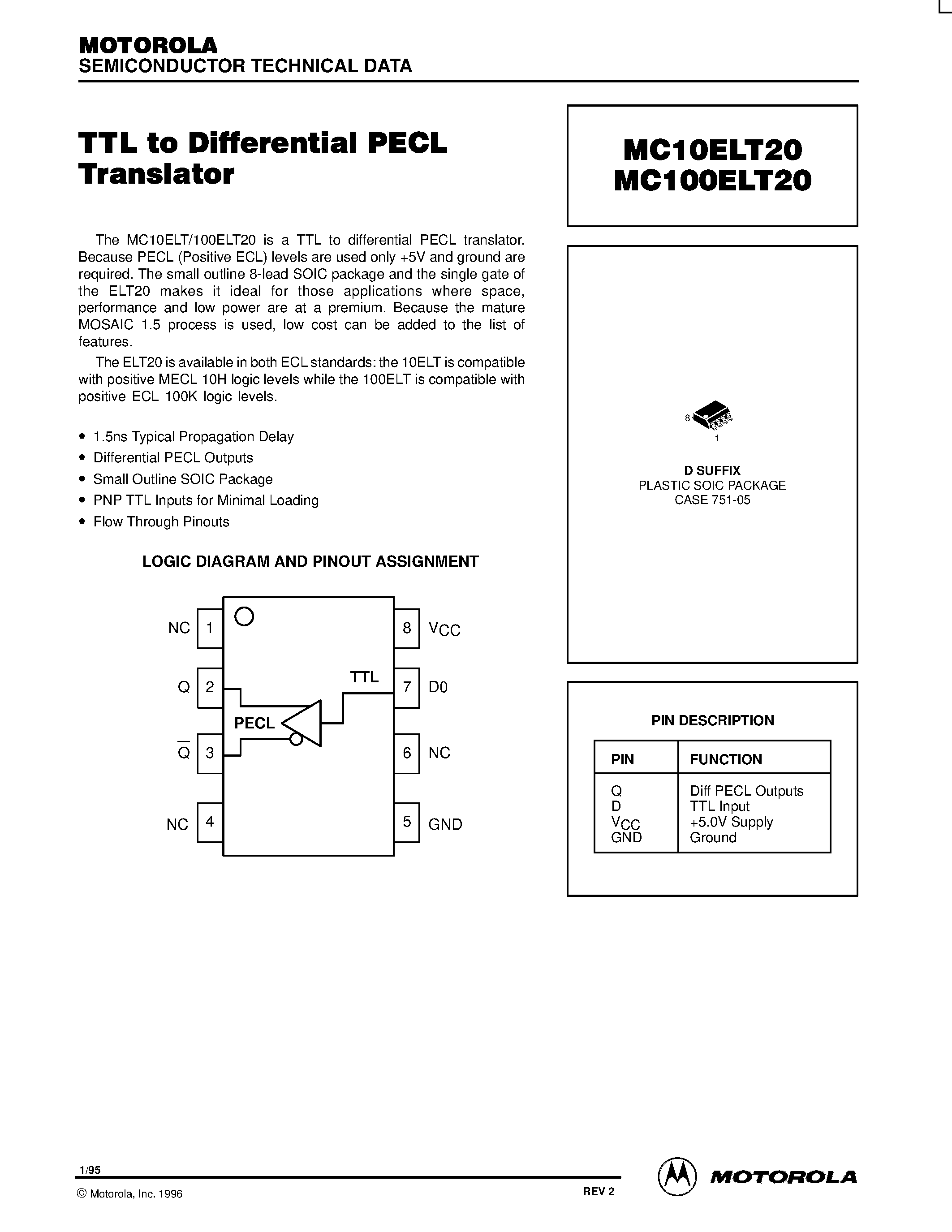 Даташит MC100ELT20 - TTL to Differential PECL Translator страница 1
