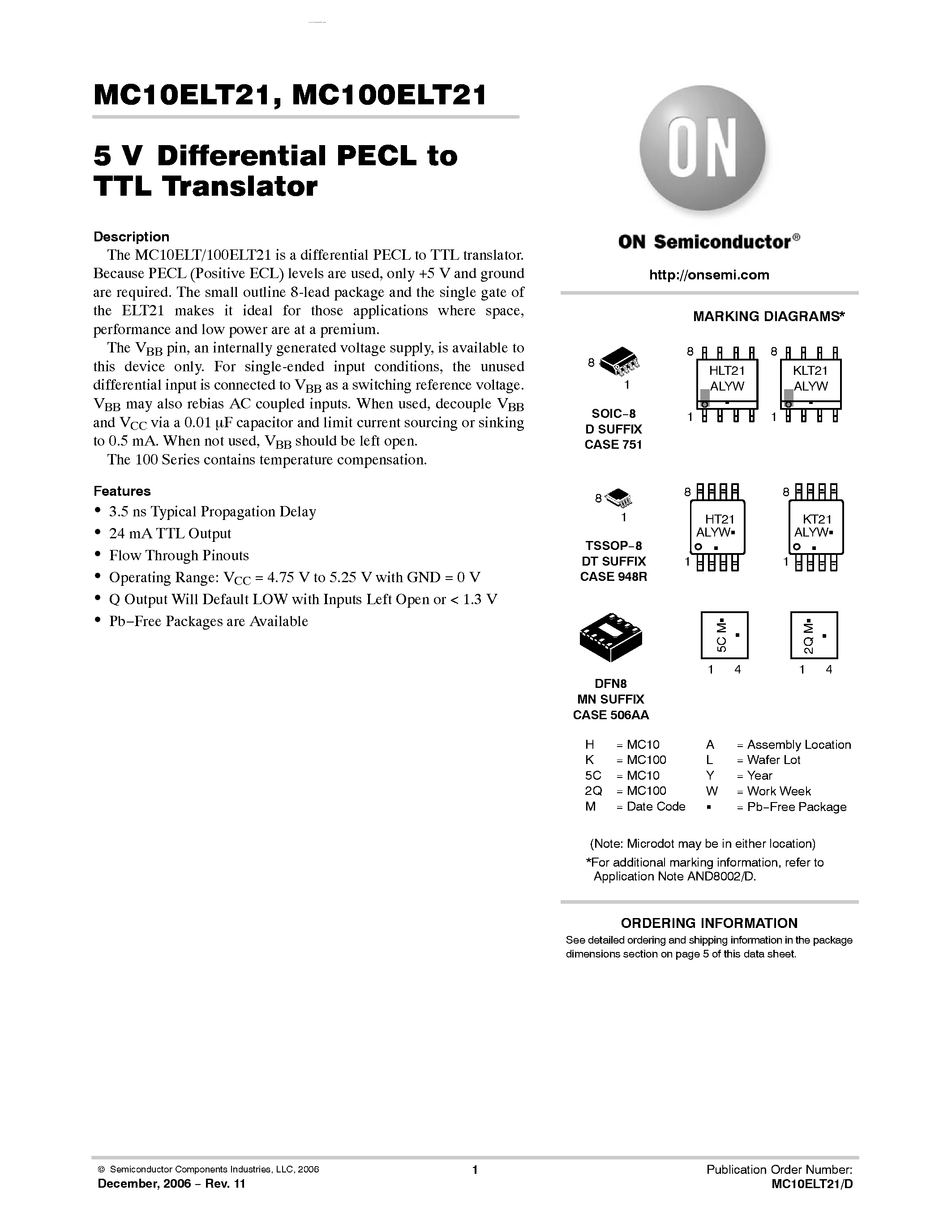 Даташит MC100ELT21 - Differential PECL to TTL Translator страница 1