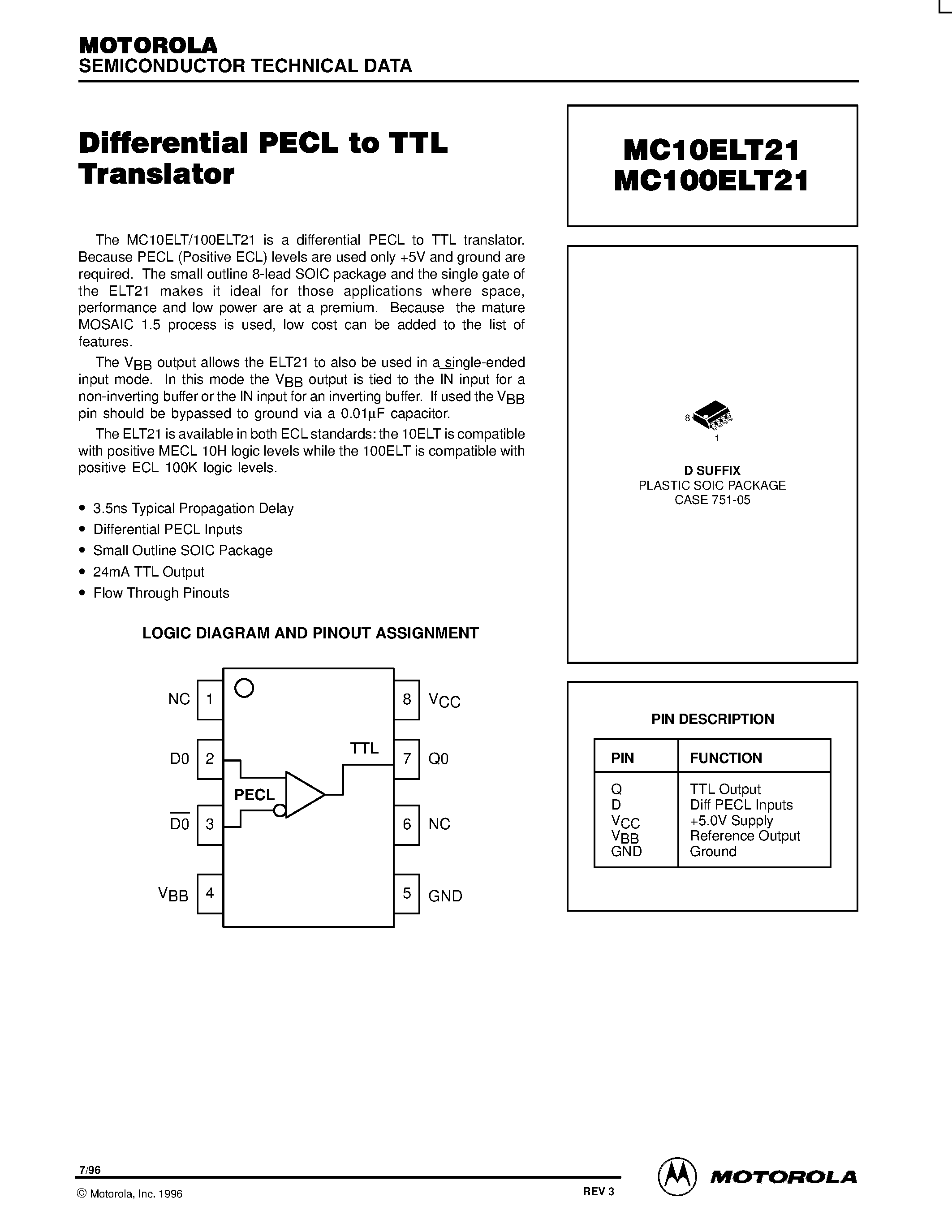 Даташит MC100ELT21D - Differential PECL to TTL Translator страница 1