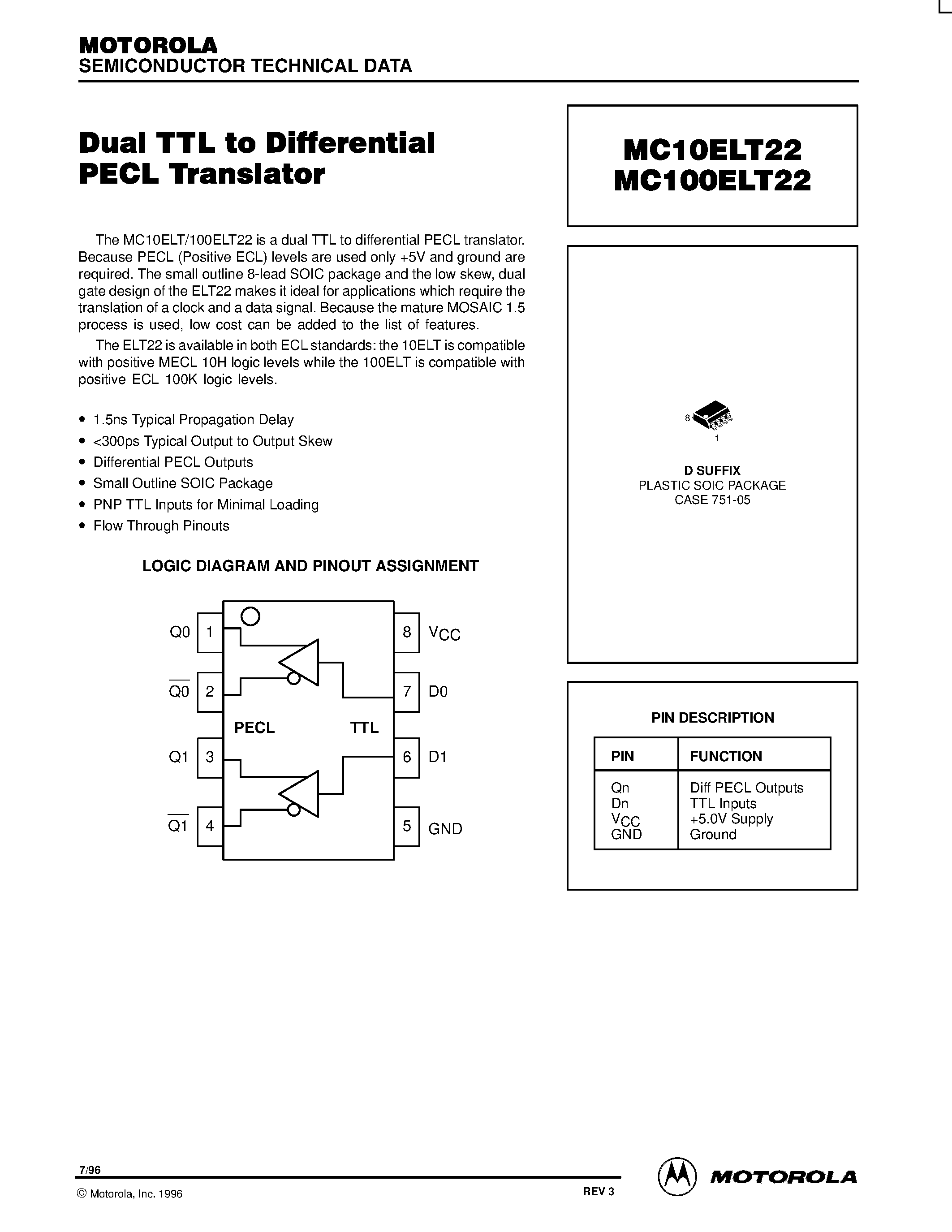 Даташит MC100ELT22D - Dual TTL to Differential PECL Translator страница 1