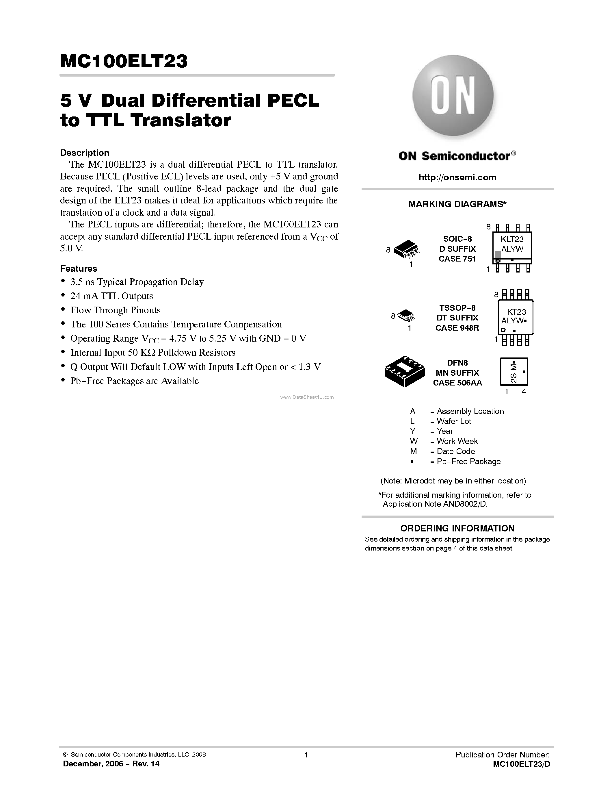 Даташит MC100ELT23 - Dual Differential PECL to TTL Translator страница 1