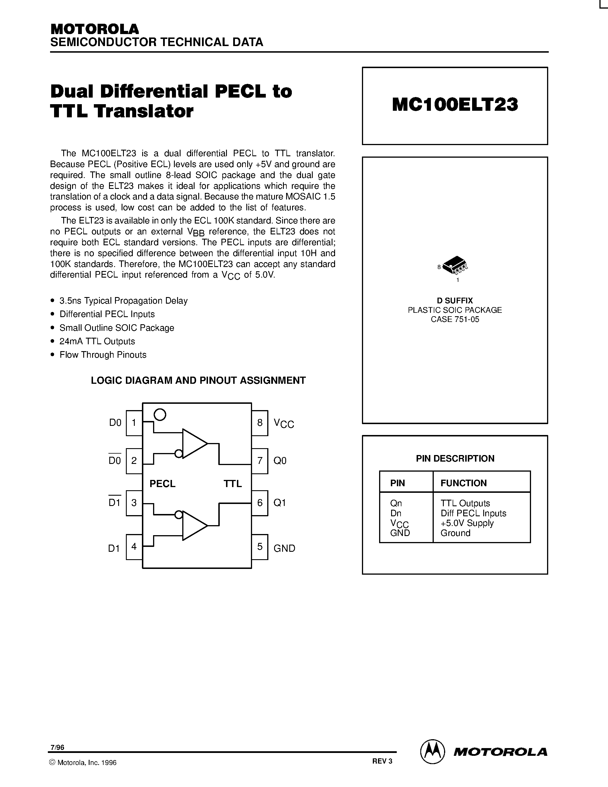 Даташит MC100ELT23D - Dual Differential PECL to TTL Translator страница 1