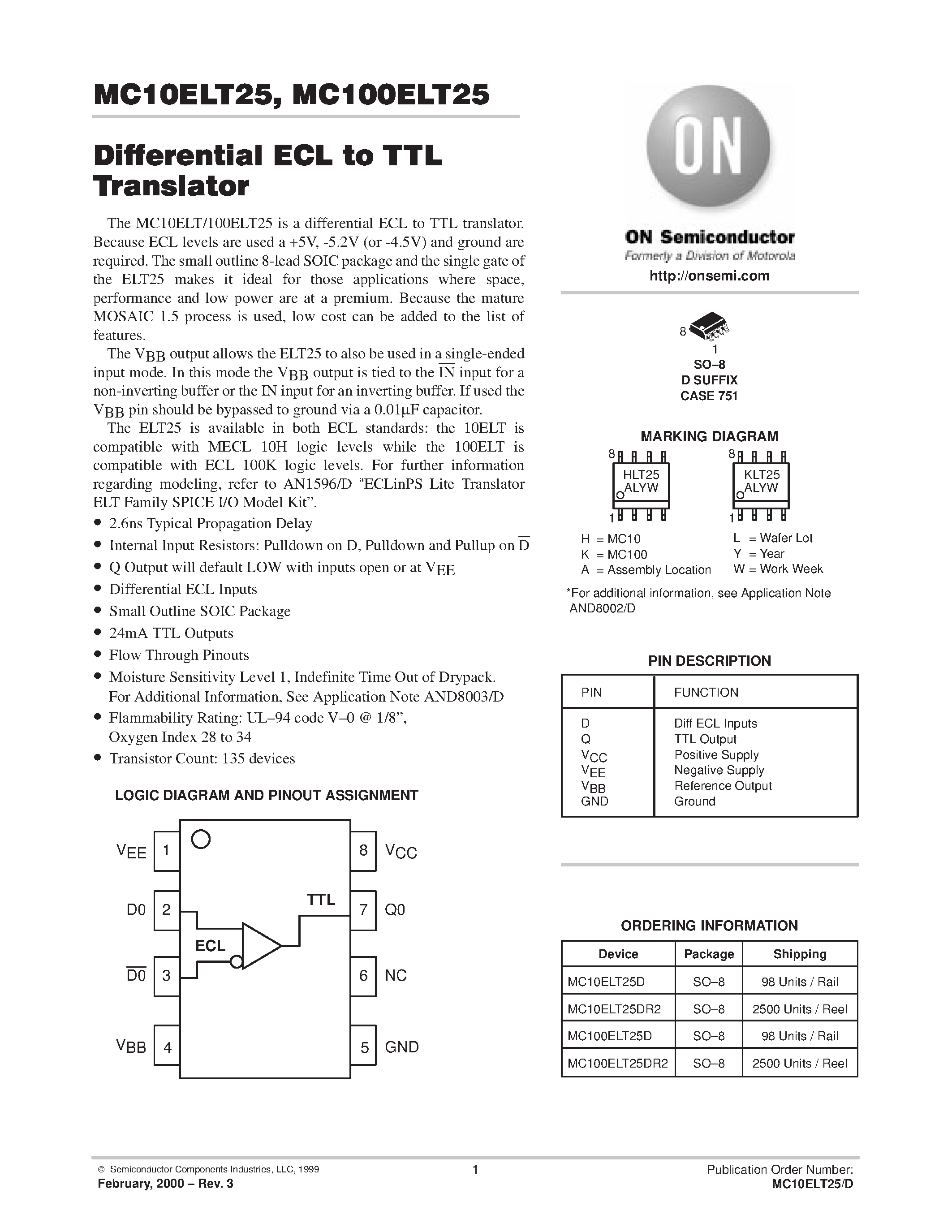 Даташит MC100ELT25D - Differential ECL to TTL Translator страница 1
