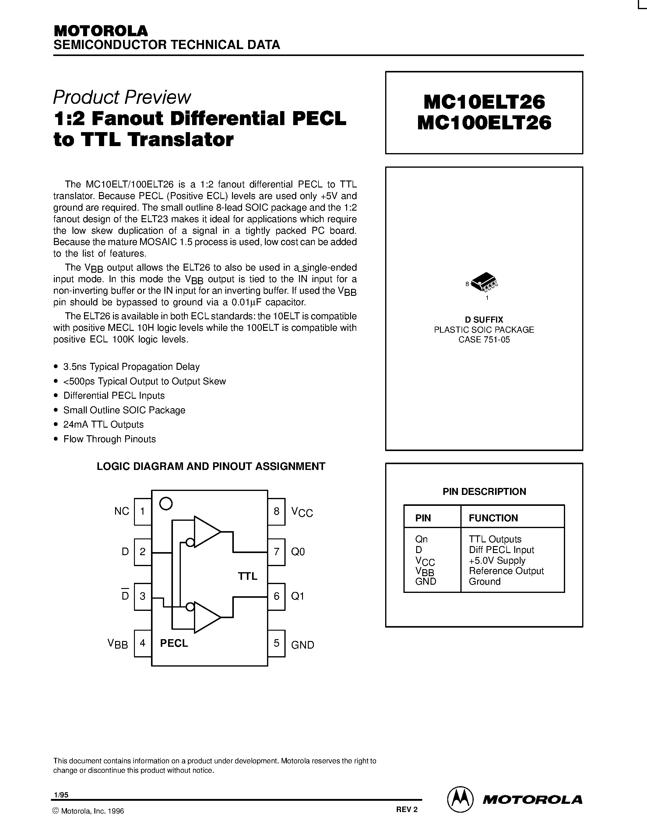 Даташит MC100ELT26 - 1:2 Fanout Differential PECL to TTL Translator страница 1