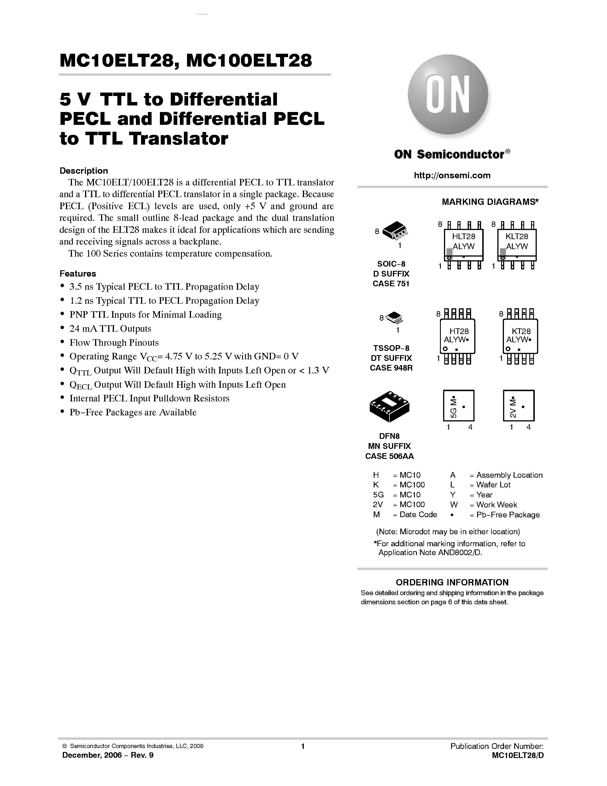 Даташит MC100ELT28-TTL to Differential PECL/Differential PECL to TTL Translator страница 1