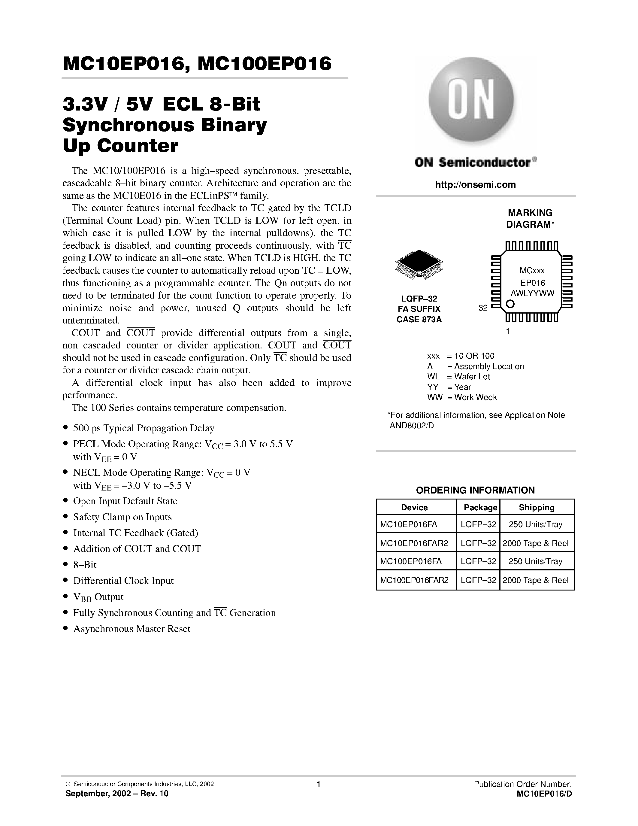 Даташит MC100EP016 - 3.3V / 5VECL 8-Bit Synchronous Binary Up Counter страница 1