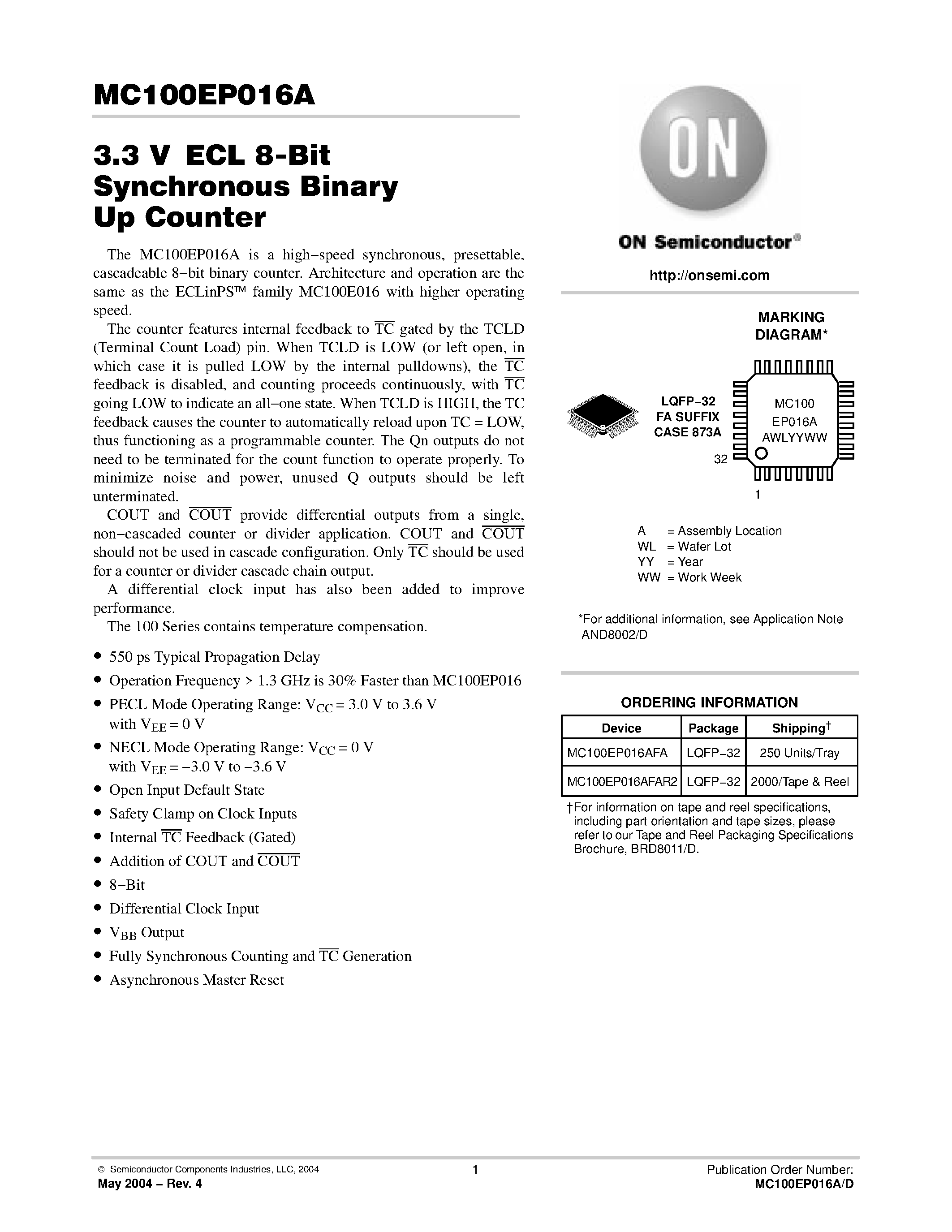 Даташит MC100EP016AFA - 3.3 V ECL 8-Bit Synchronous Binary Up Counter страница 1