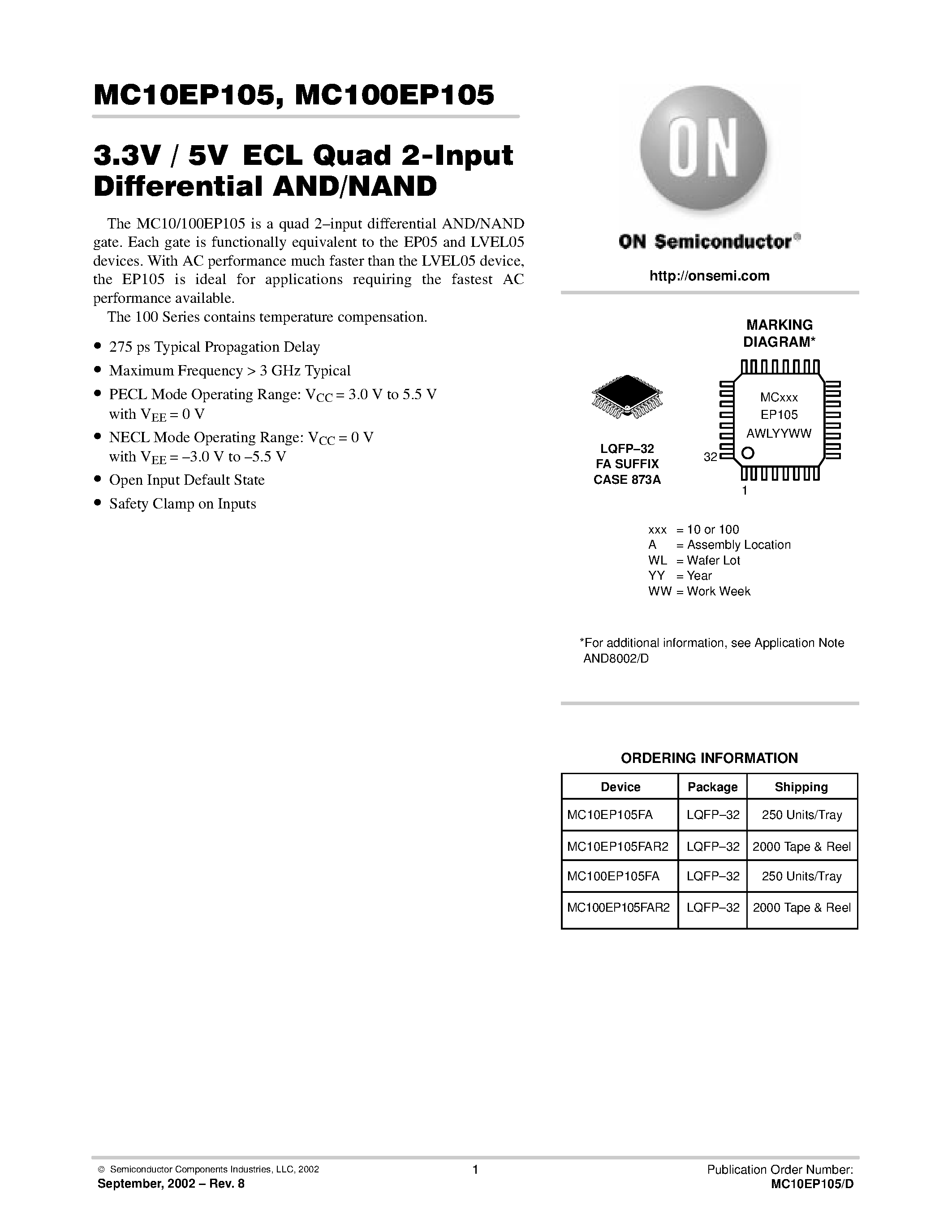 Даташит MC100EP105 - 3.3V / 5VECL Quad 2-Input Differential AND/NAND страница 1
