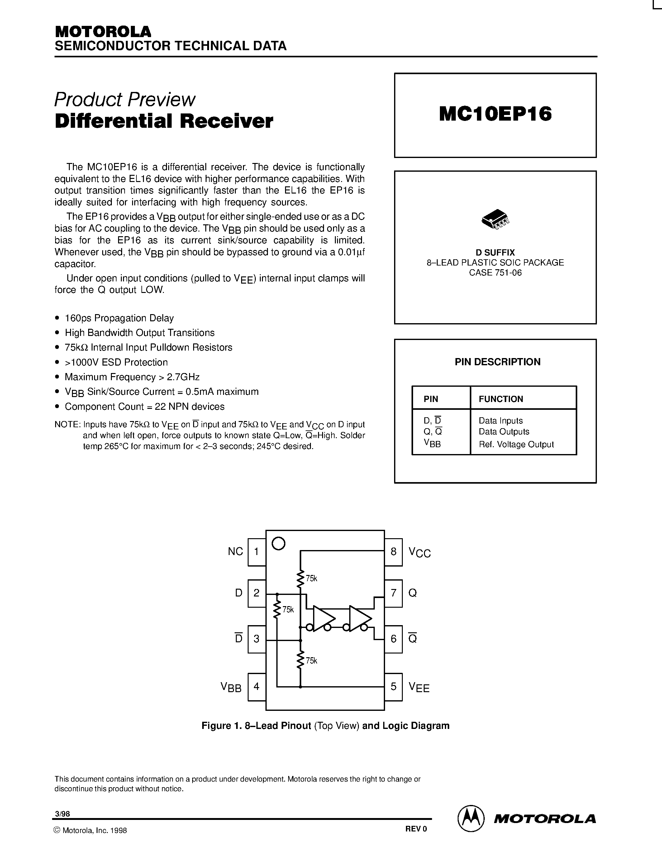 Даташит MC100EP16D - Differential Receiver страница 1