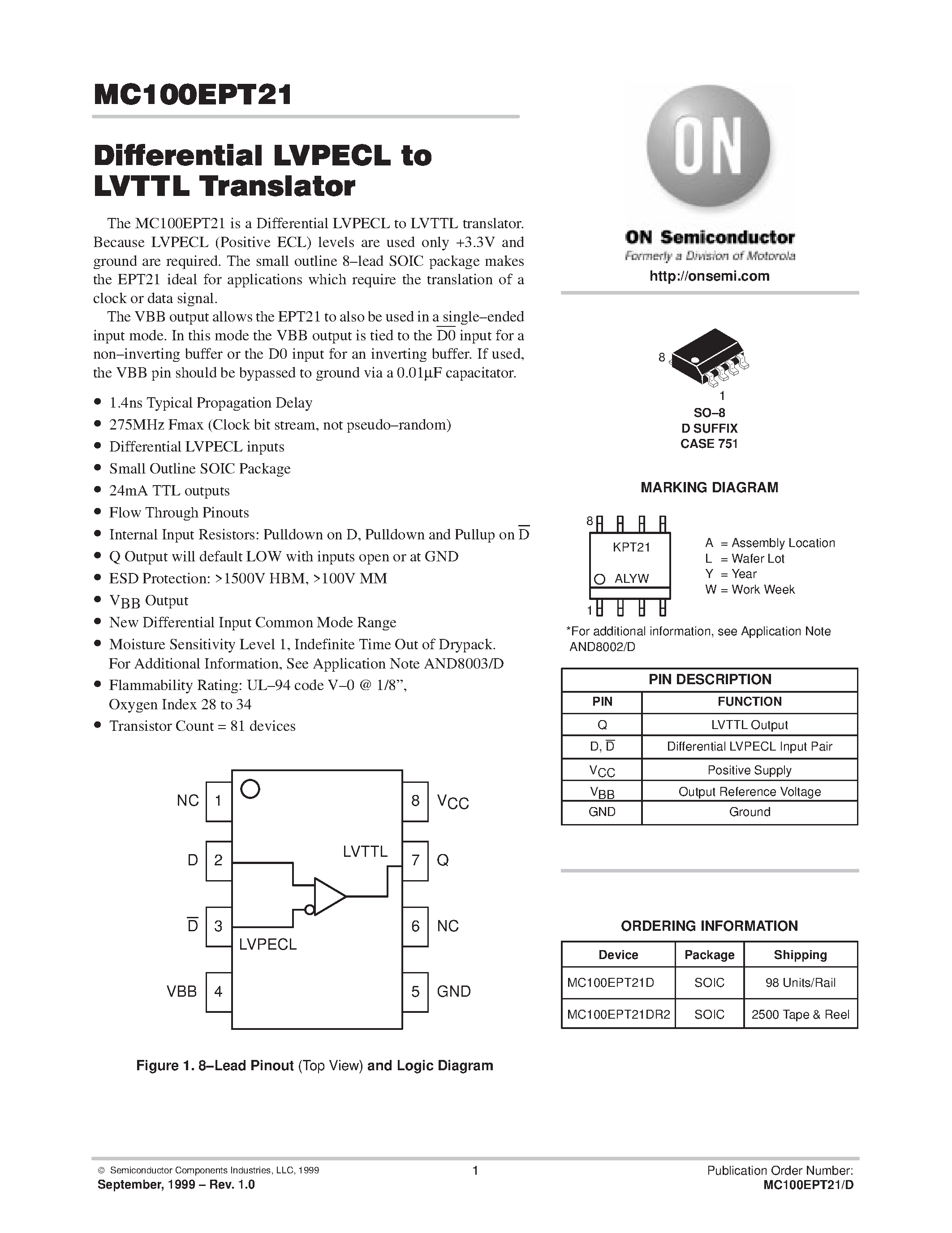 Даташит MC100EPT21D - Differential LVPECL to LVTTL Translator страница 1