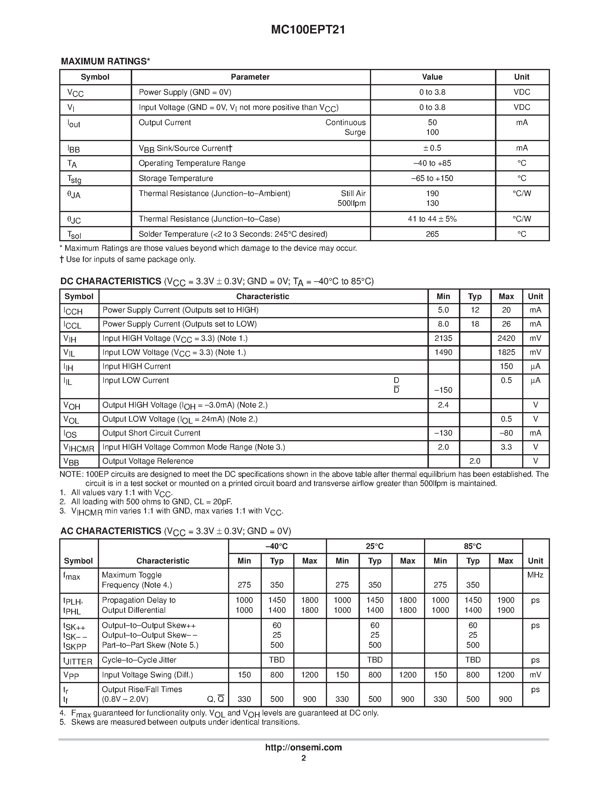 Даташит MC100EPT21DR2 - Differential LVPECL to LVTTL Translator страница 2