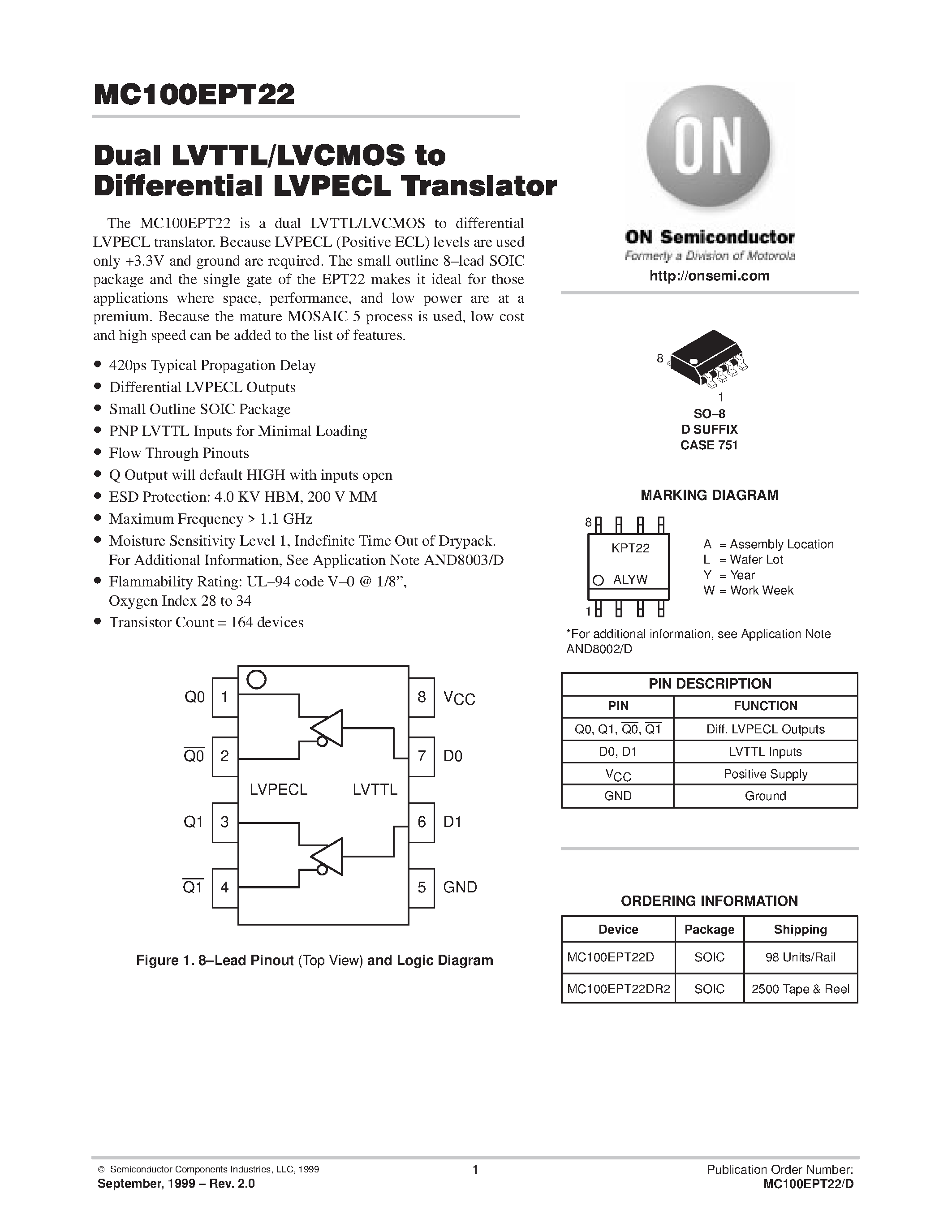 Даташит MC100EPT22 - Dual LVTTL/LVCMOS to Differential LVPECL Translator страница 1