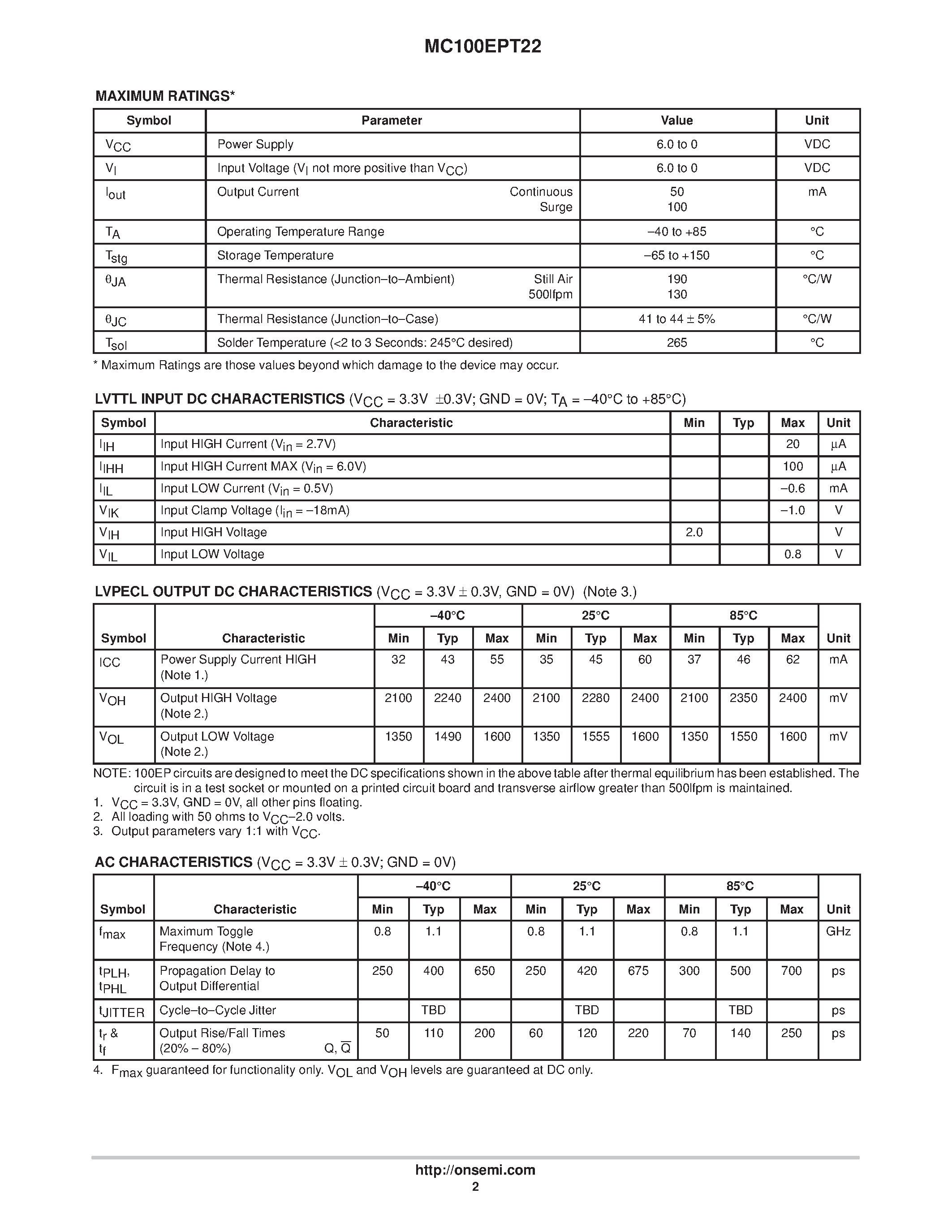 Даташит MC100EPT22D - Dual LVTTL/LVCMOS to Differential LVPECL Translator страница 2