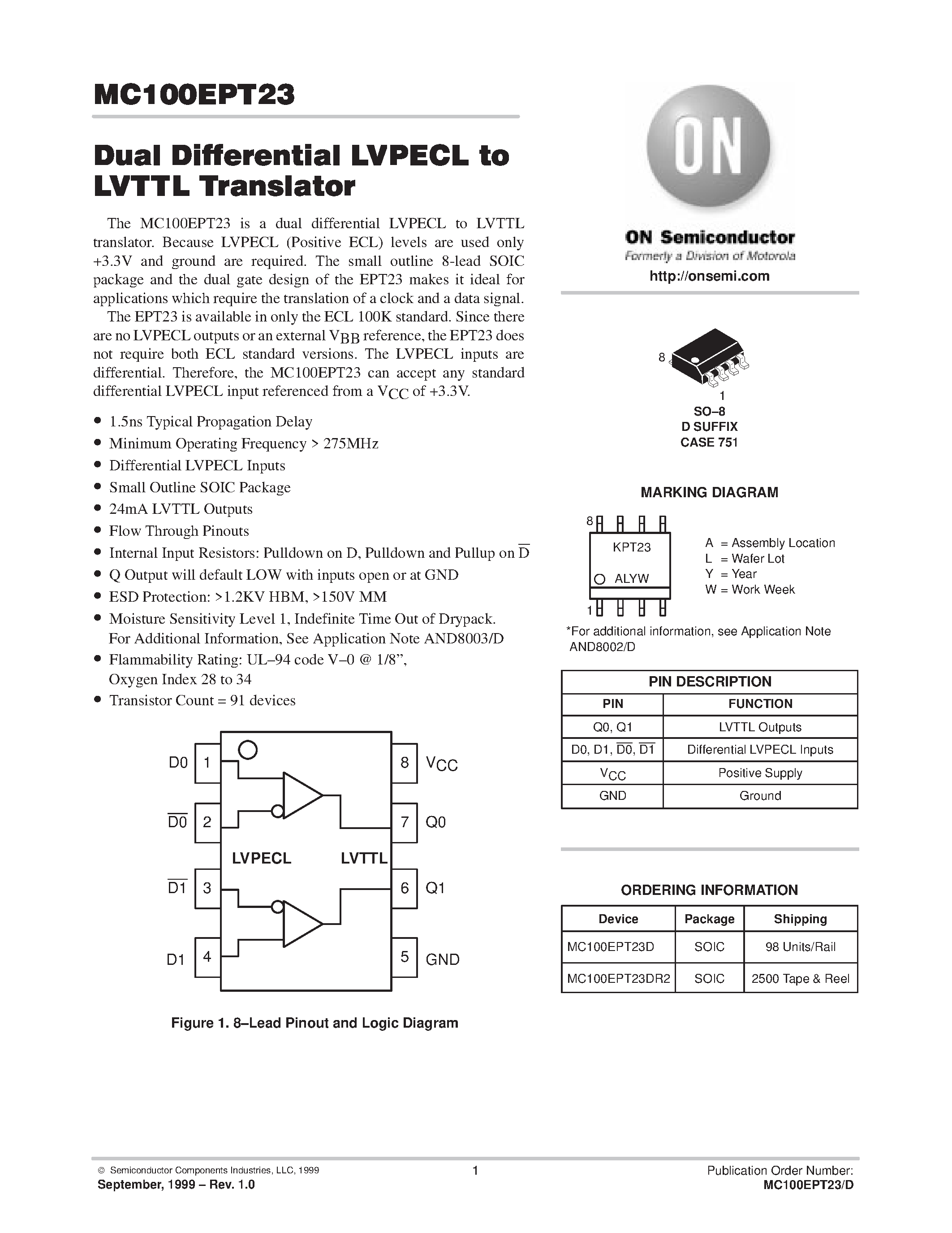 Даташит MC100EPT23D - Dual Differential LVPECL to LVTTL Translator страница 1