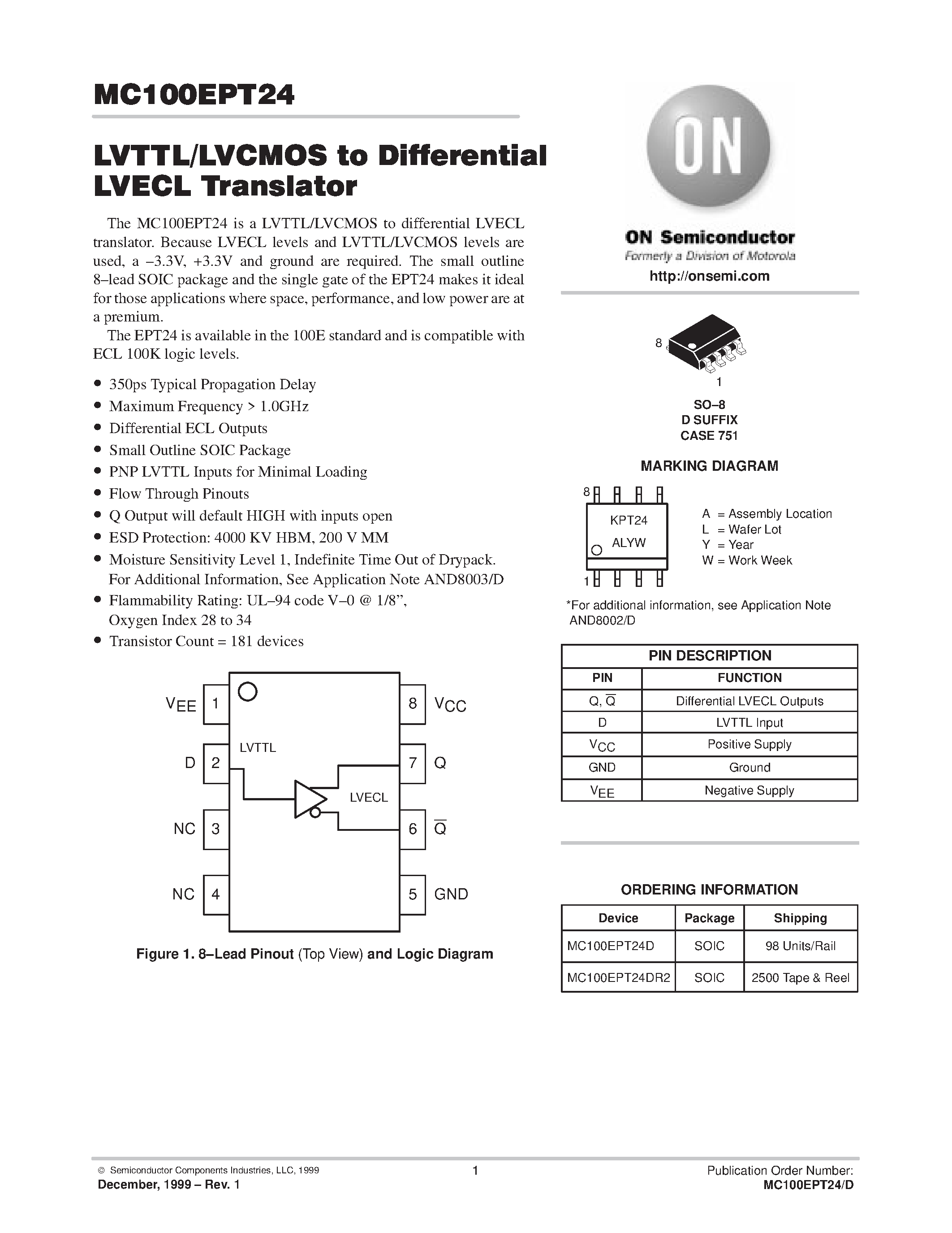 Даташит MC100EPT24D - LVTTL/LVCOMS to Differential LVECL Translator страница 1