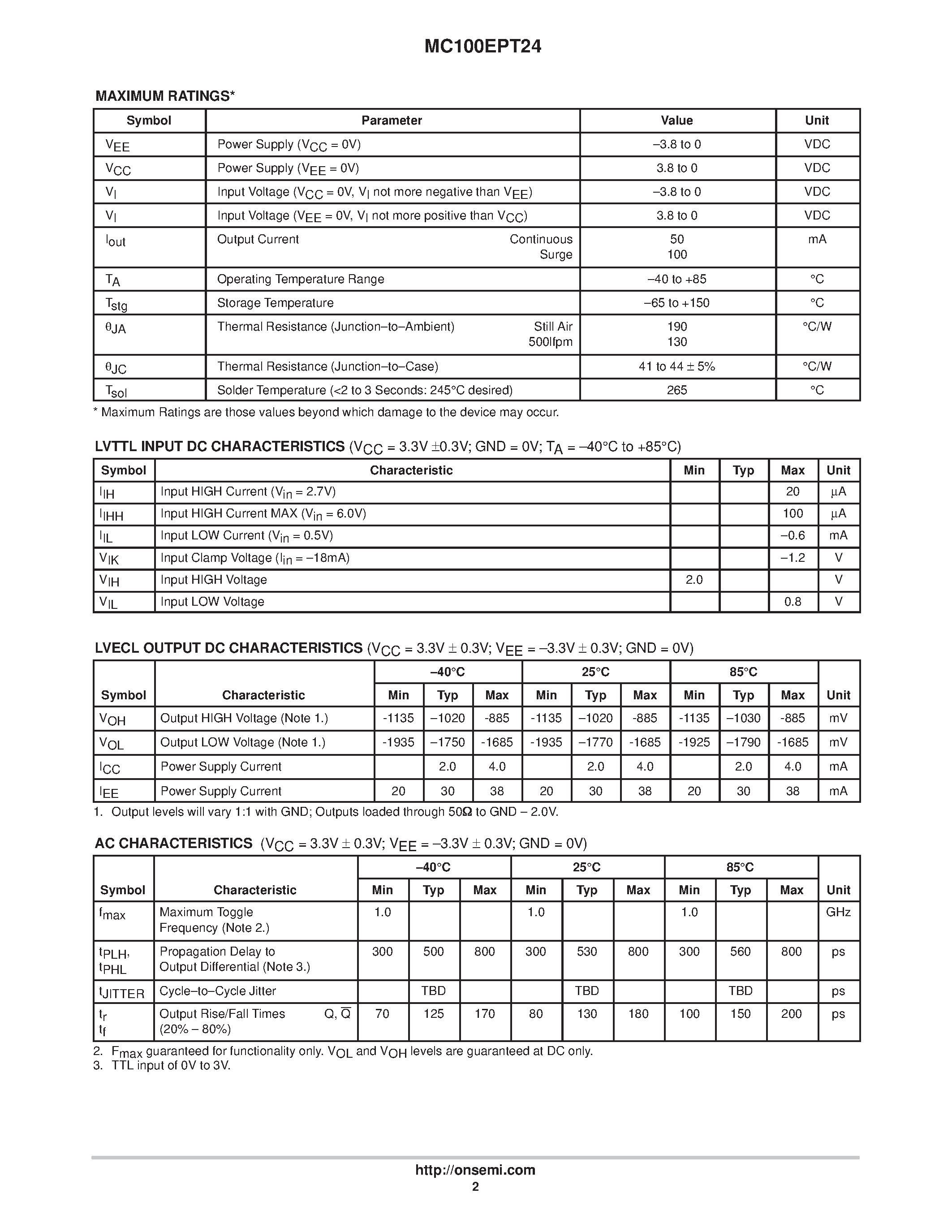 Даташит MC100EPT24D - LVTTL/LVCOMS to Differential LVECL Translator страница 2