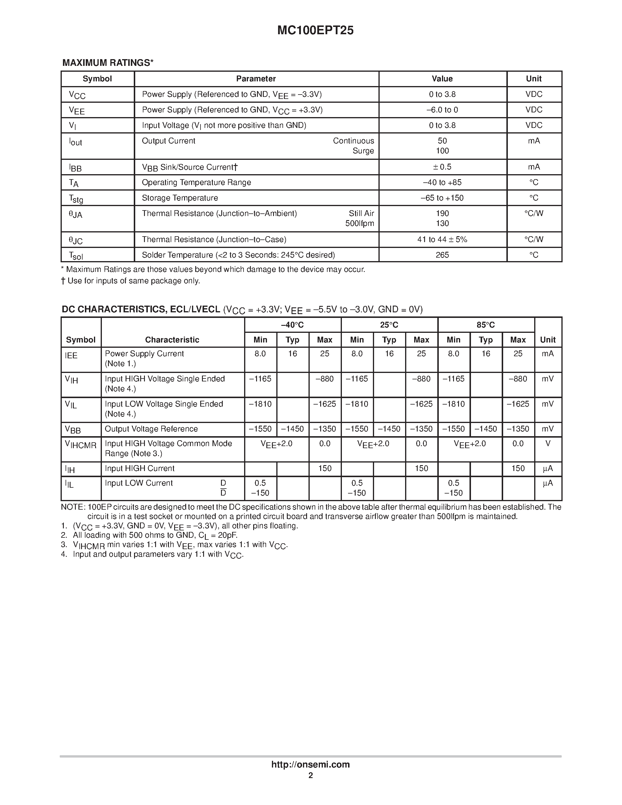 Даташит MC100EPT25DT - Differential LVECL/ECL to LVTTL Translator страница 2