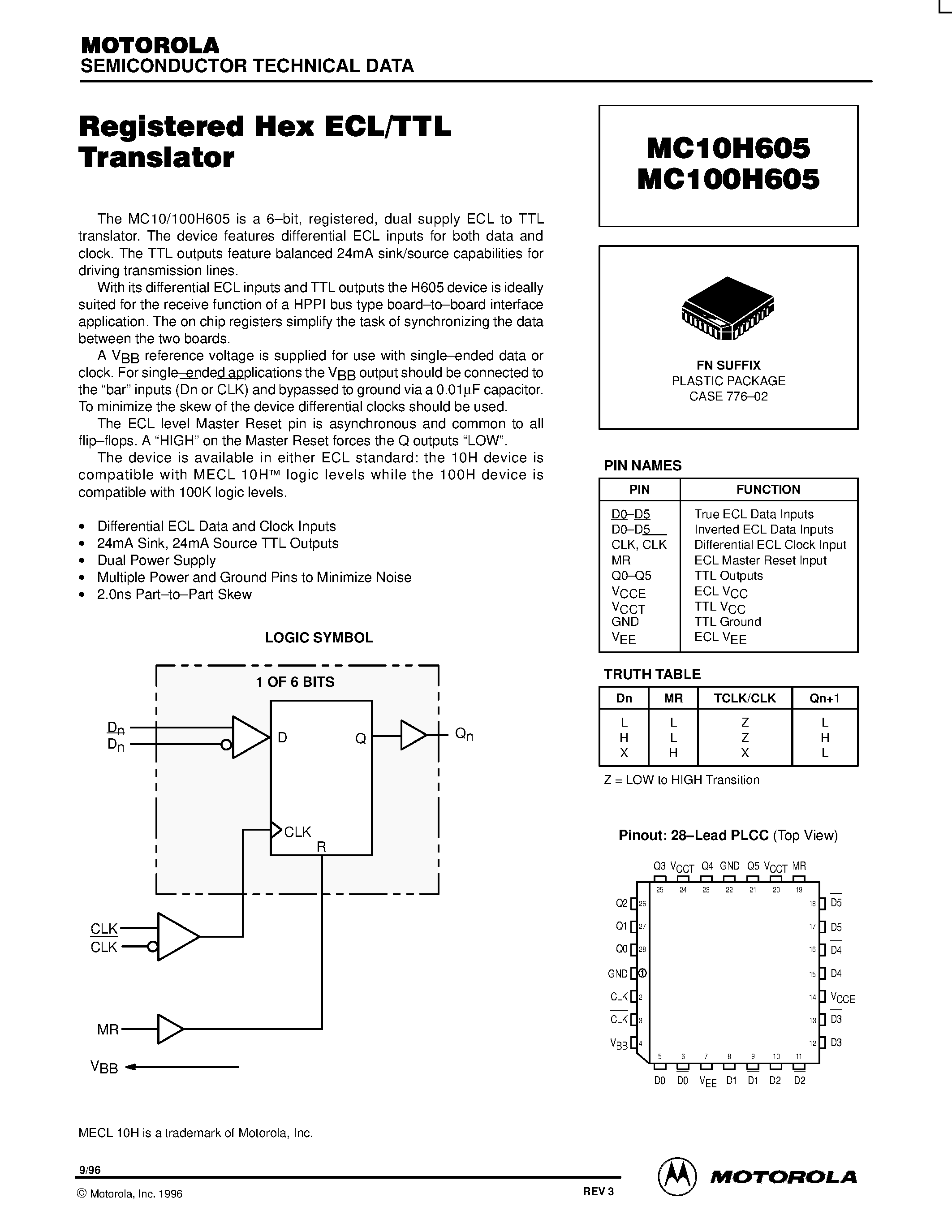 Даташит MC100H605 - Registered Hex ECL/TTL Translator страница 1