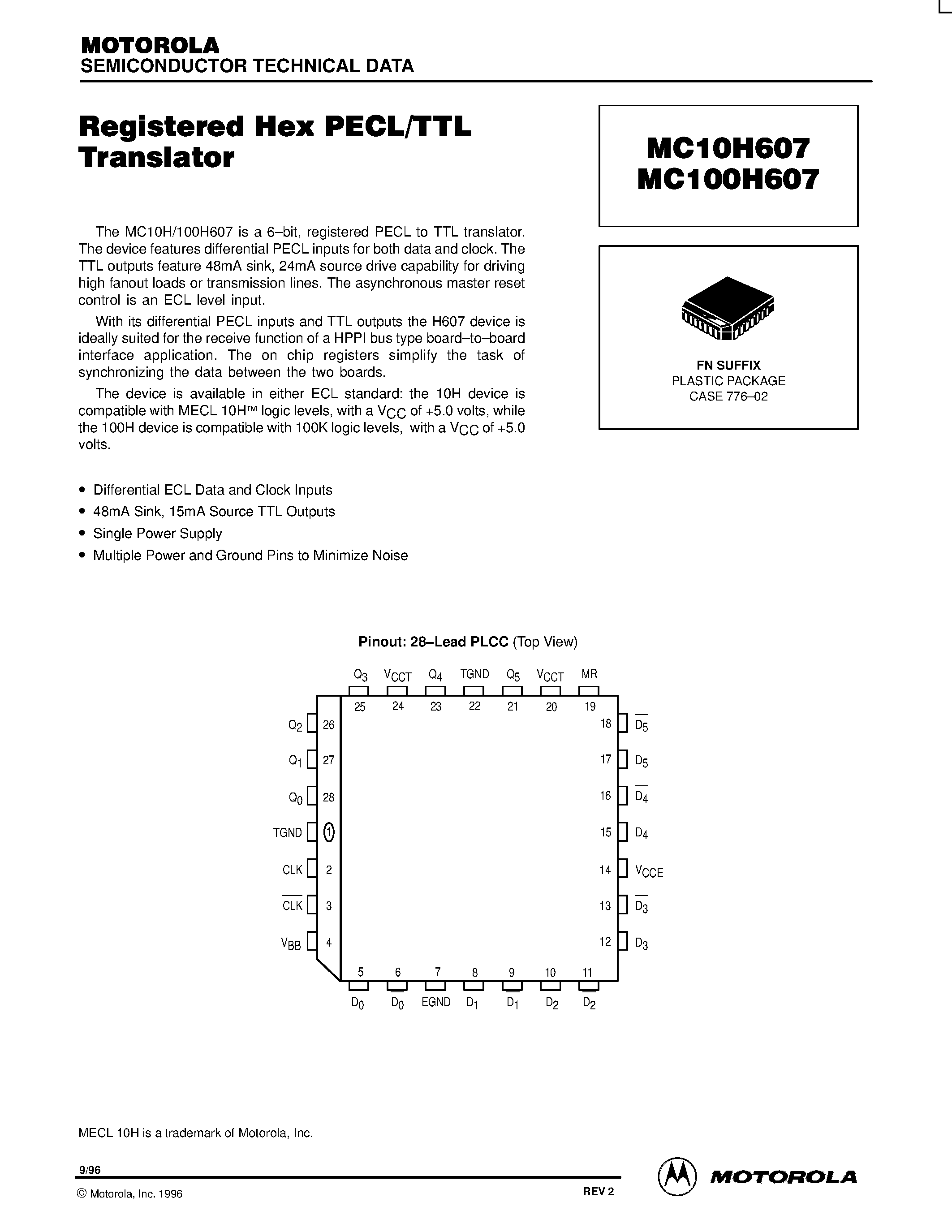 Даташит MC100H607FN - Registered Hex PECL/TTL Translator страница 1