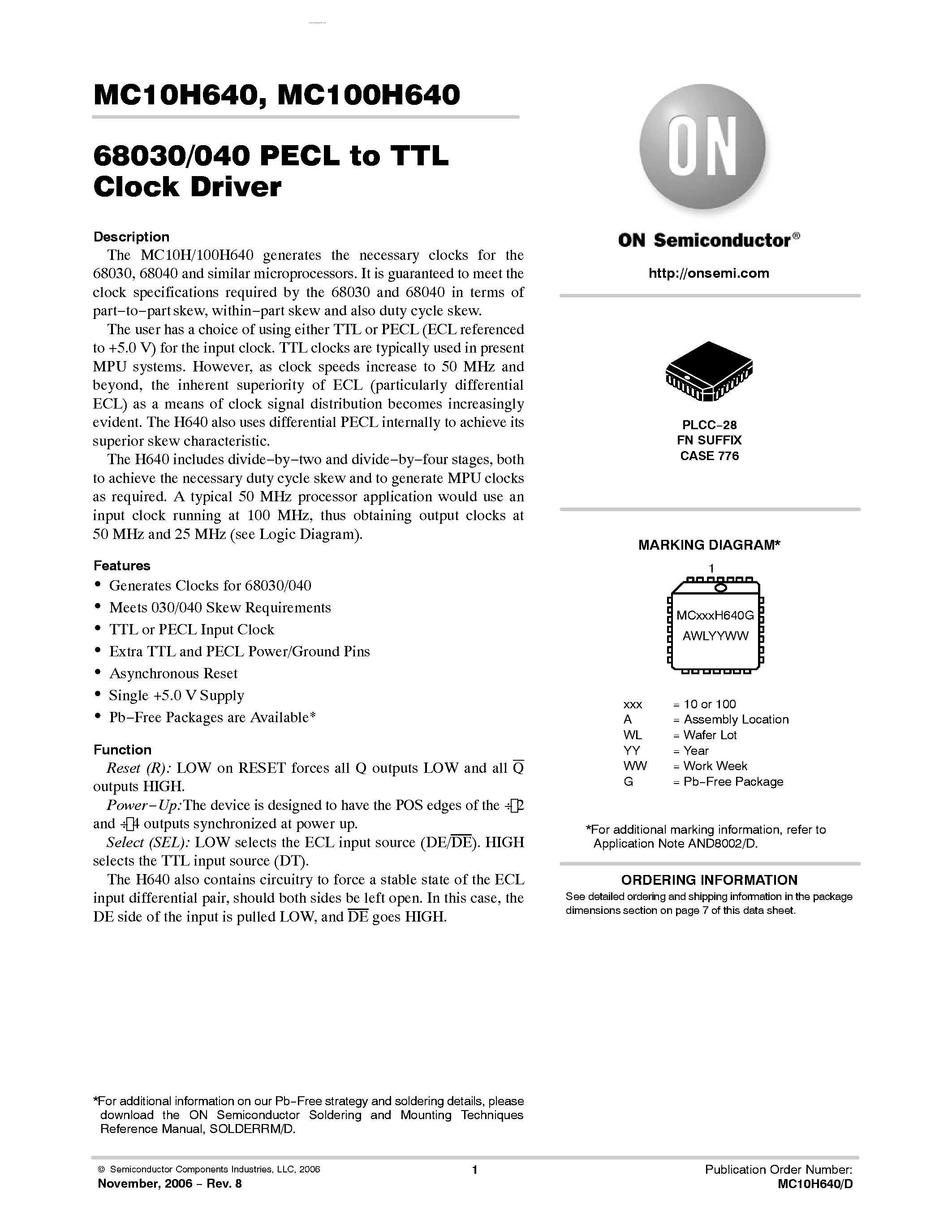 Даташит MC100H640 - PECL-TTL CLOCK DRIVER страница 1