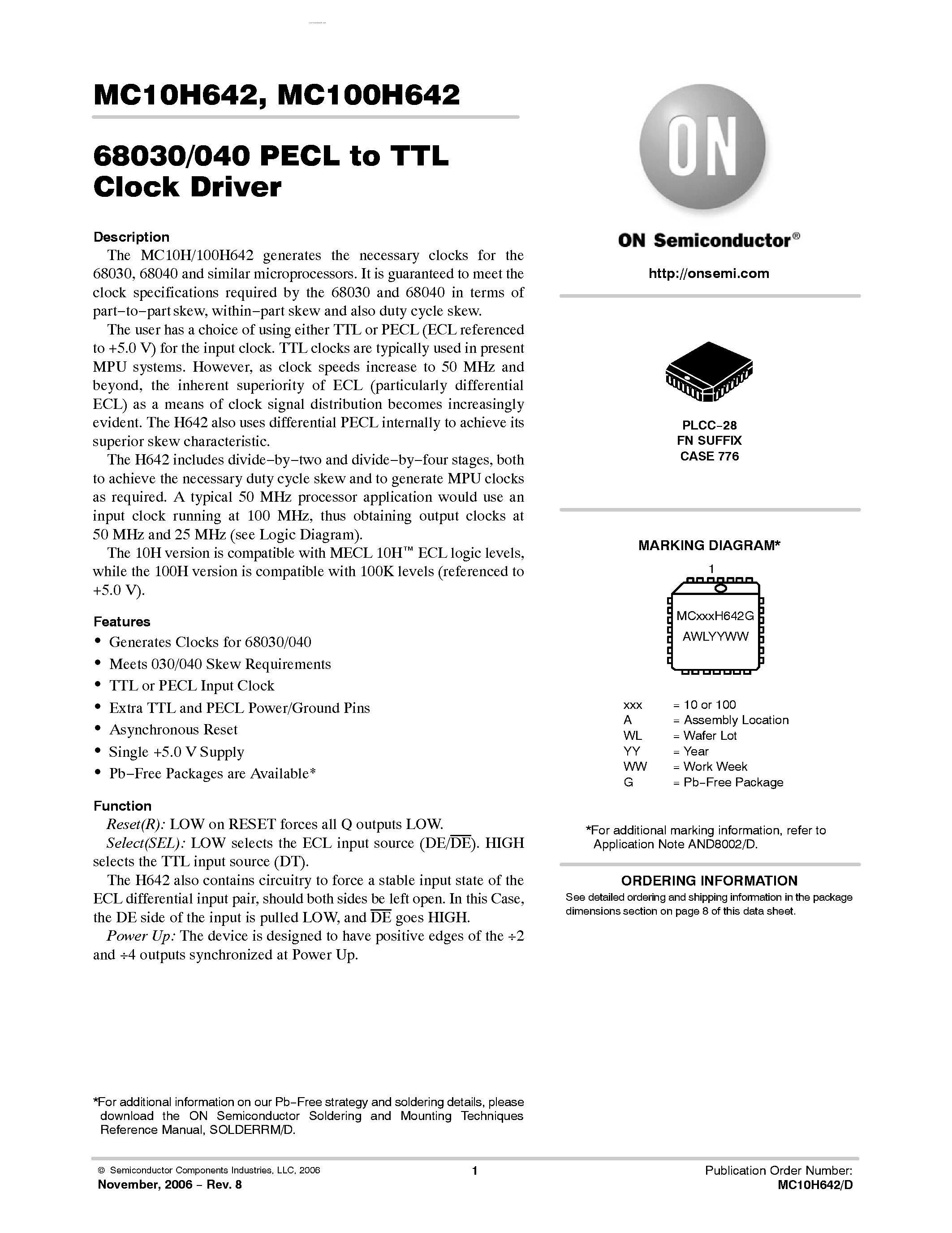 Даташит MC100H642 - 68030/040 PECL-TTL CLOCK DRIVER страница 1
