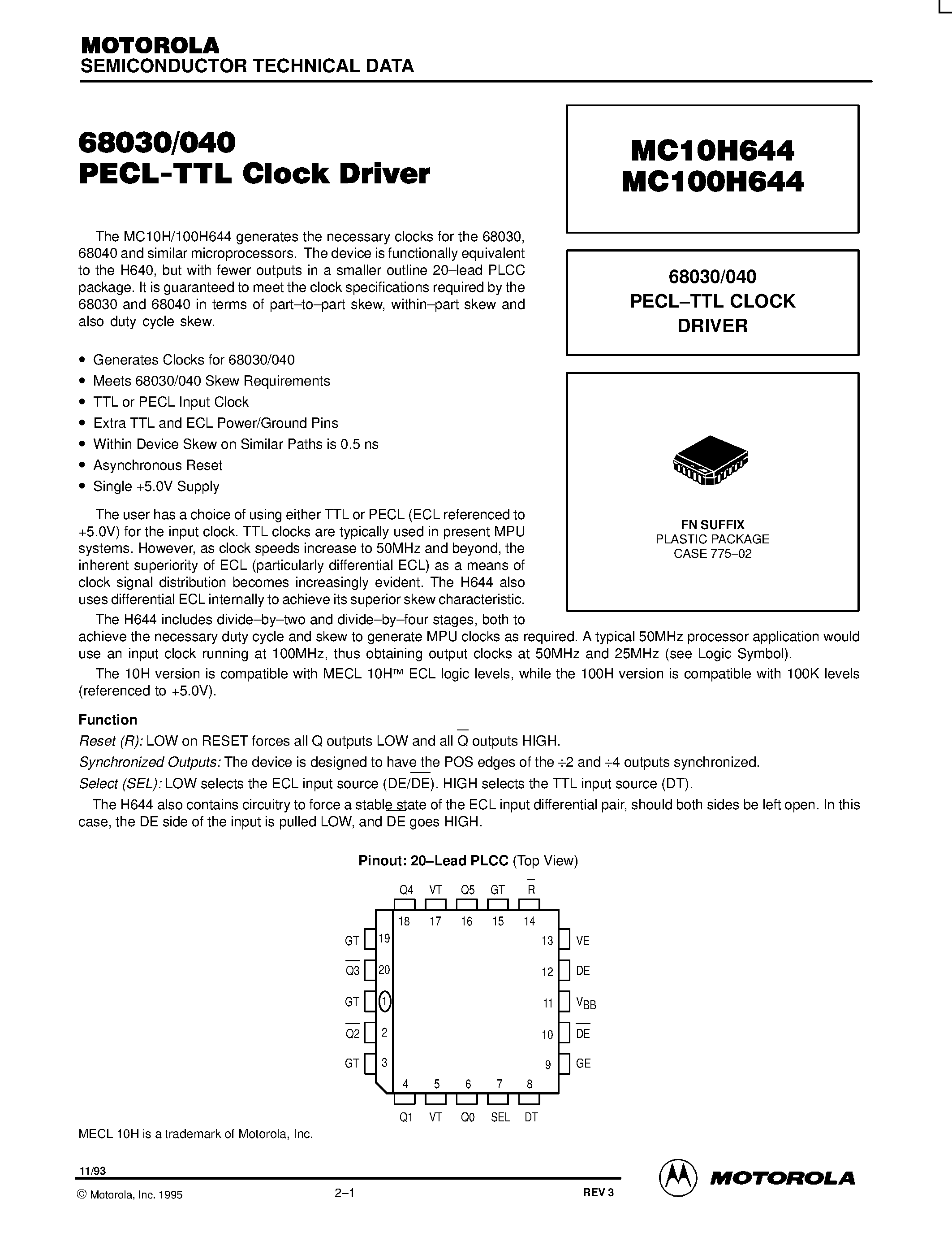 Даташит MC100H644FN - 68030/040 PECL-TTL CLOCK DRIVER страница 1