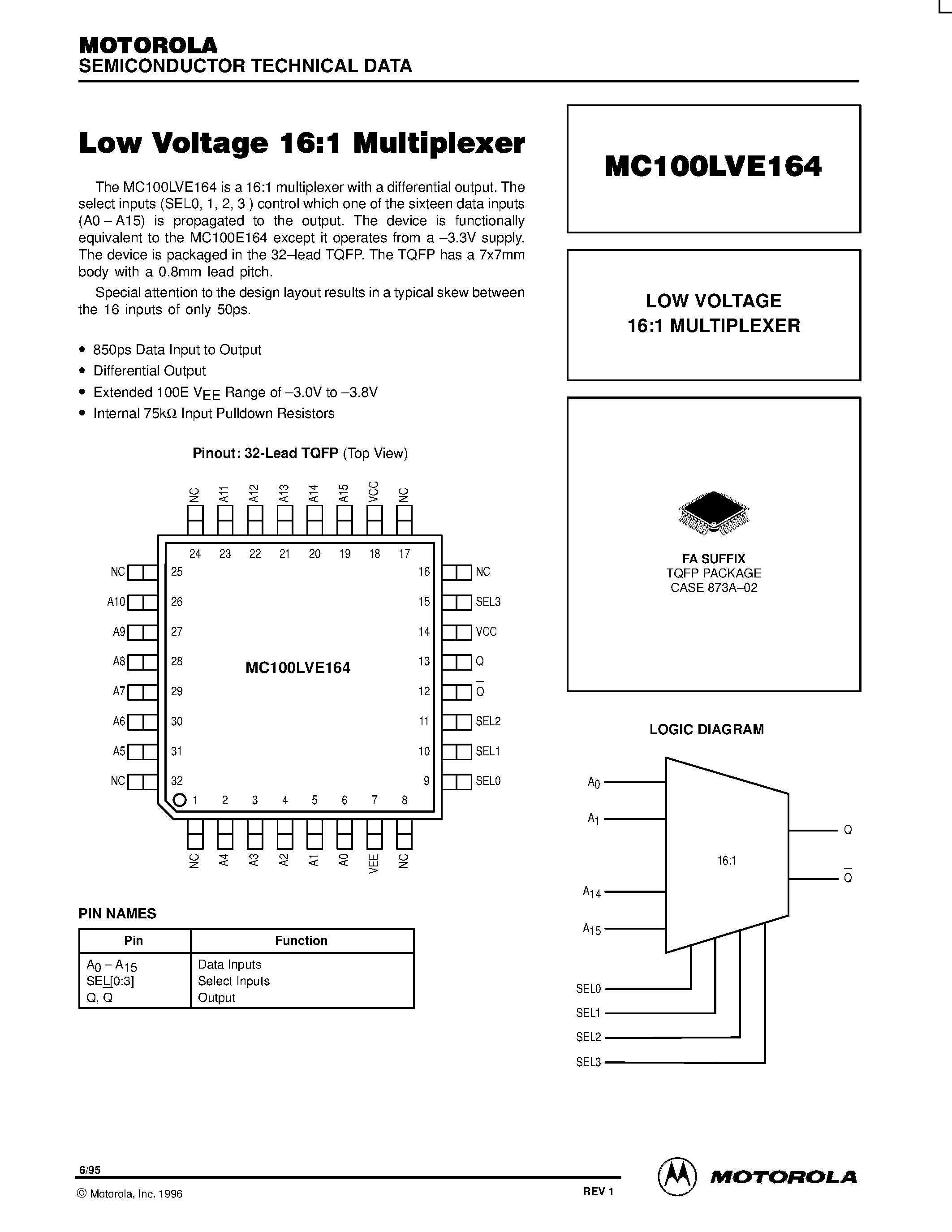Даташит MC100LVE164FA - LOW VOLTAGE 16:1 MULTIPLEXER страница 1