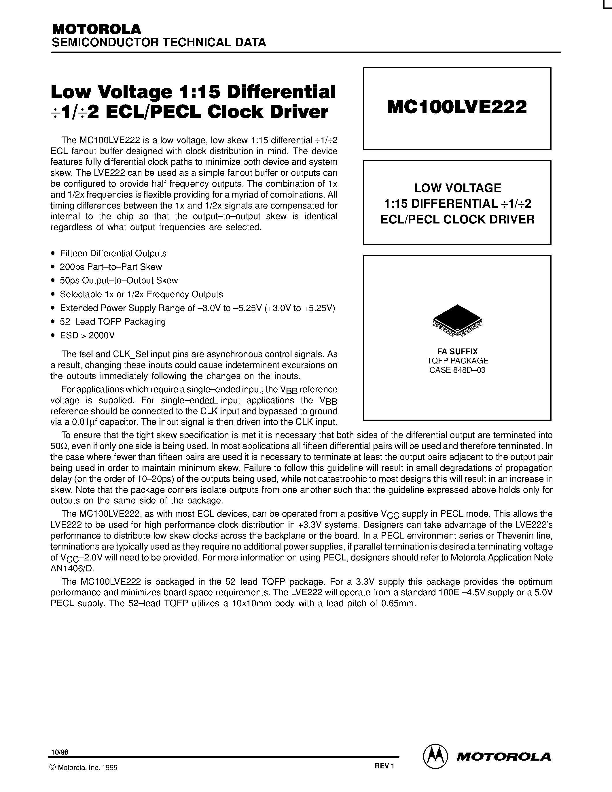 Даташит MC100LVE222FA - LOW VOLTAGE 1:15 DIFFERENTIAL 1/2 ECL/PECL CLOCK DRIVER страница 1