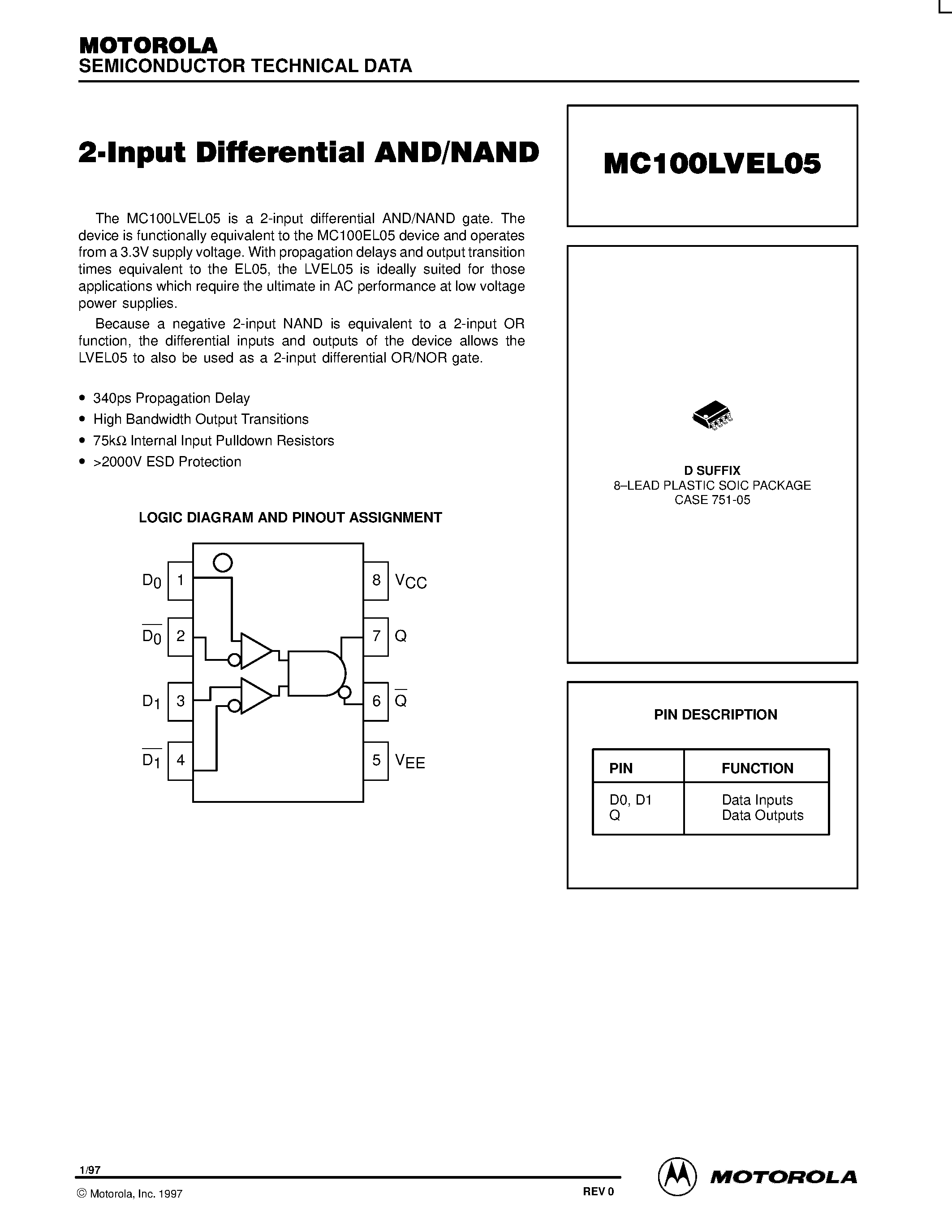 Даташит MC100LVEL05D - 2-Input Differential AND/NAND страница 1