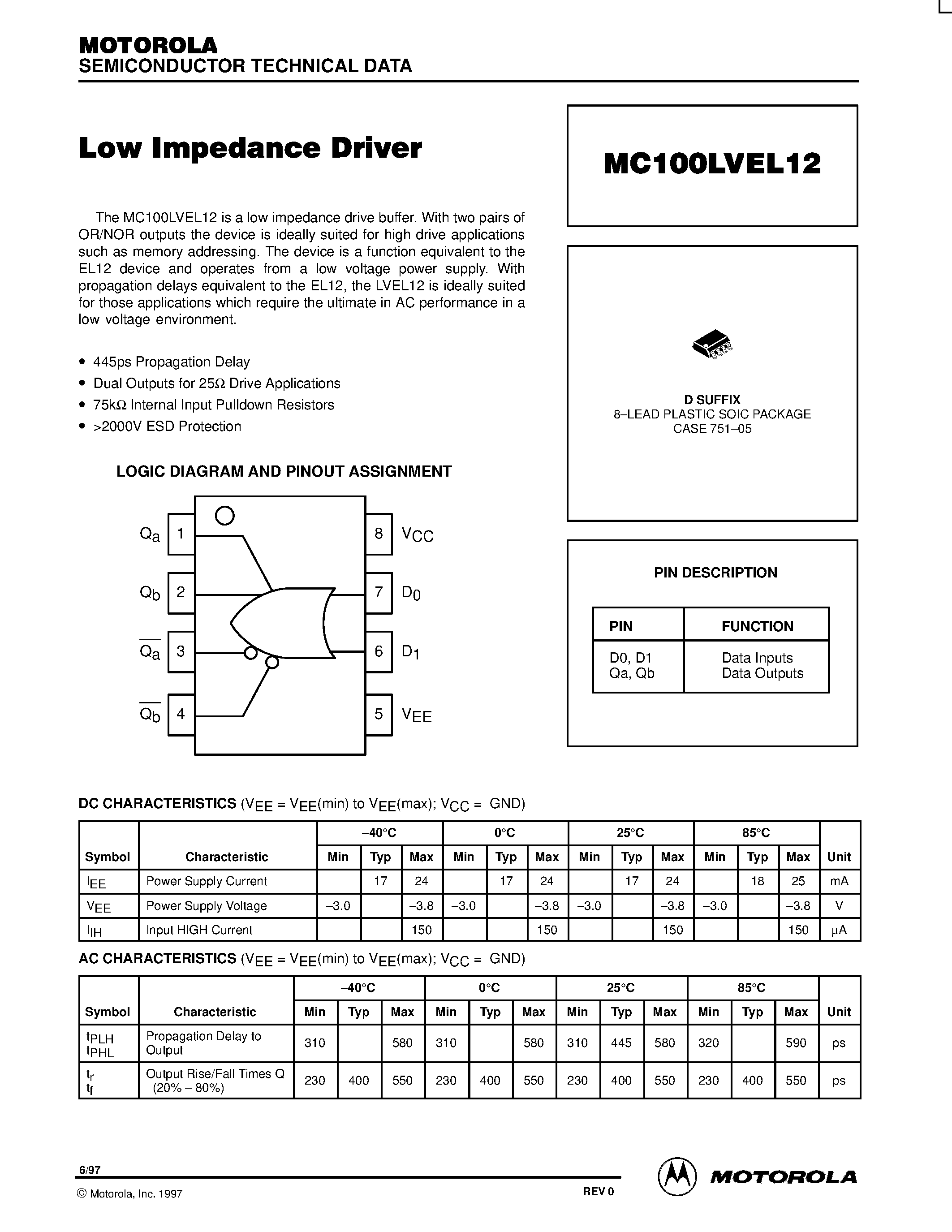 Даташит MC100LVEL12D - Low Impedance Driver страница 1