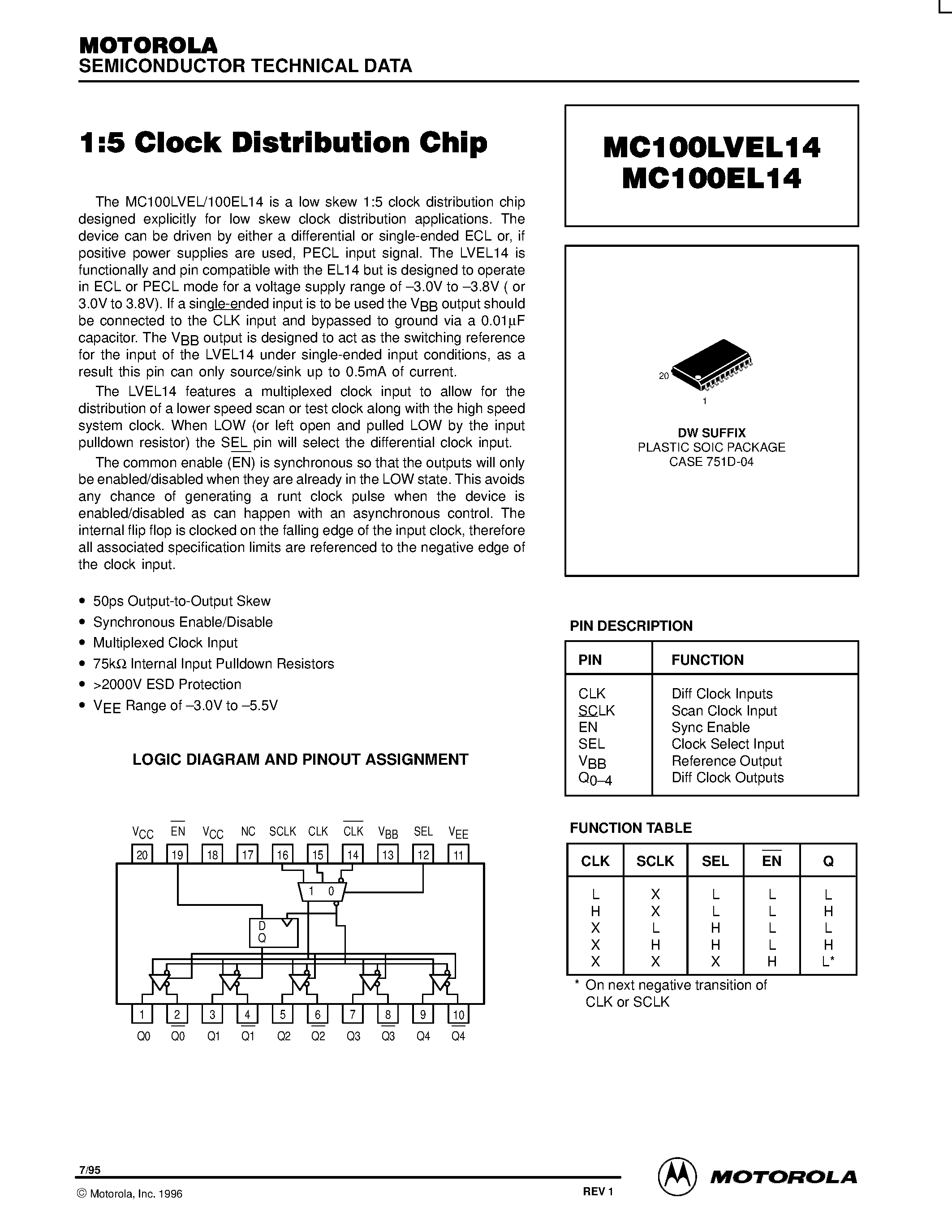 Даташит MC100LVEL14DW - 1:5 Clock Distribution Chip страница 1