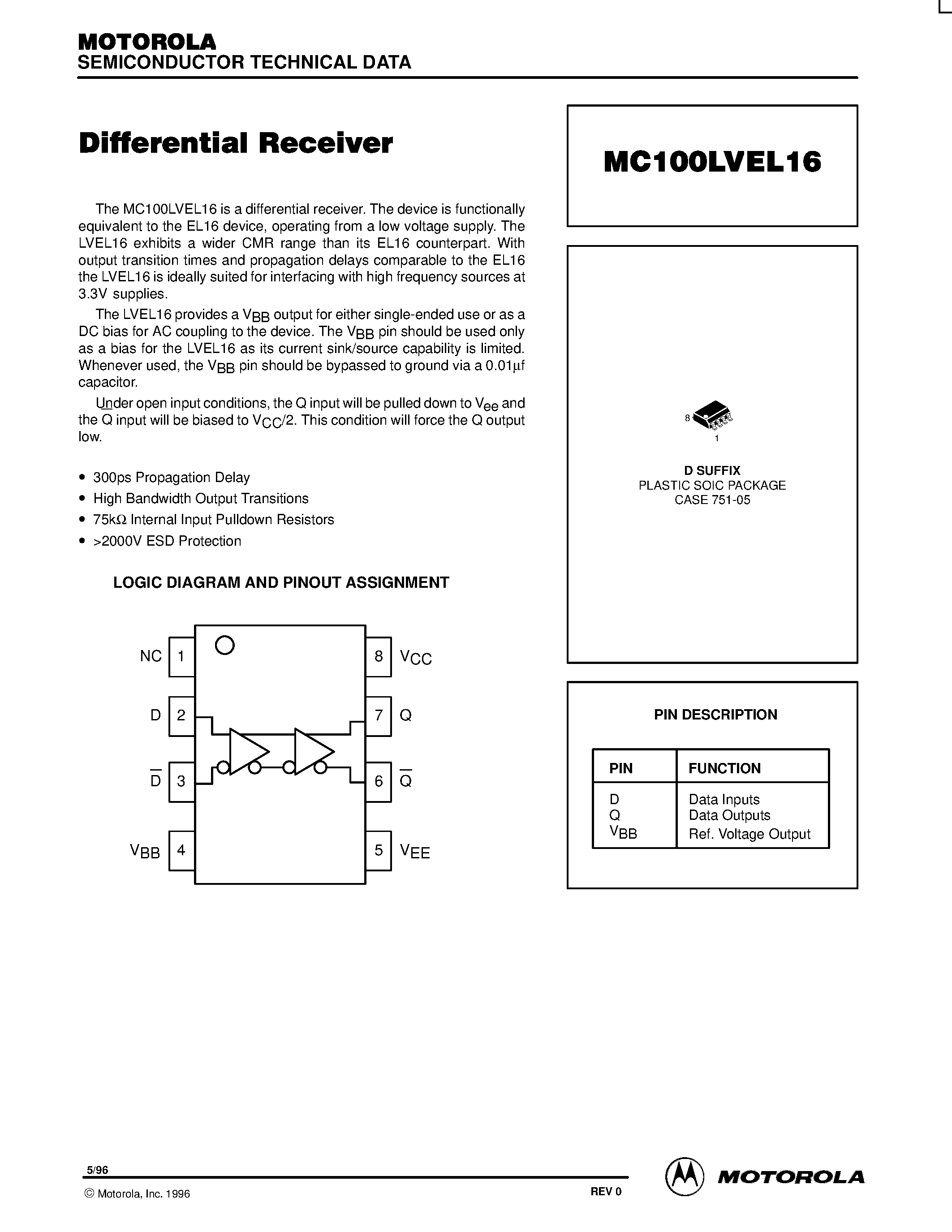Даташит MC100LVEL16D - Differential Receiver страница 1