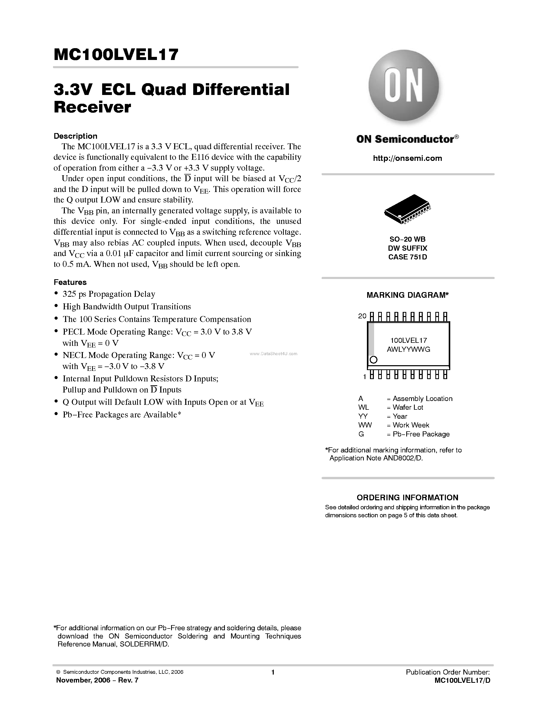 Даташит MC100LVEL17 - Low-Voltage Quad Differential Receiver страница 1