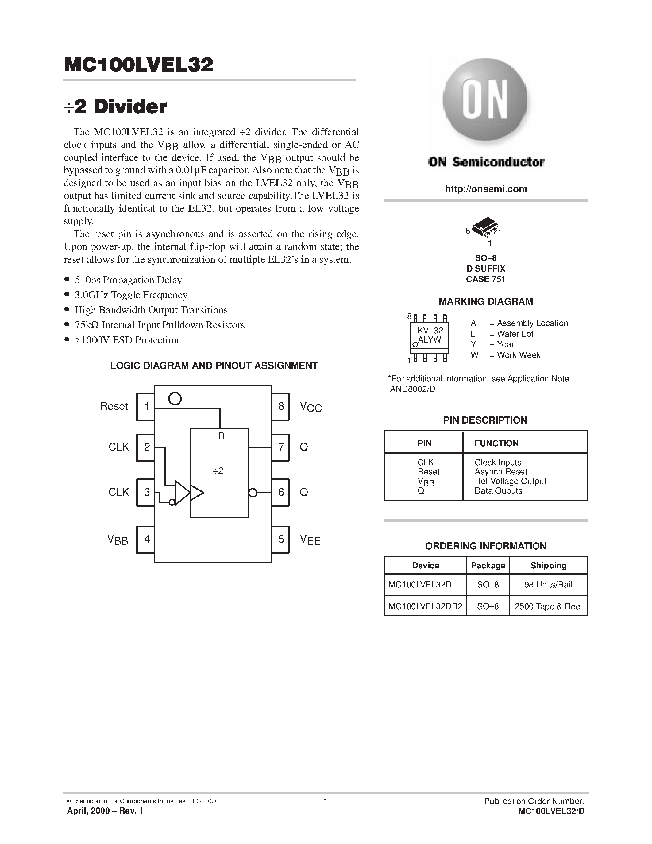 Даташит MC100LVEL32 - 2 Divider страница 1