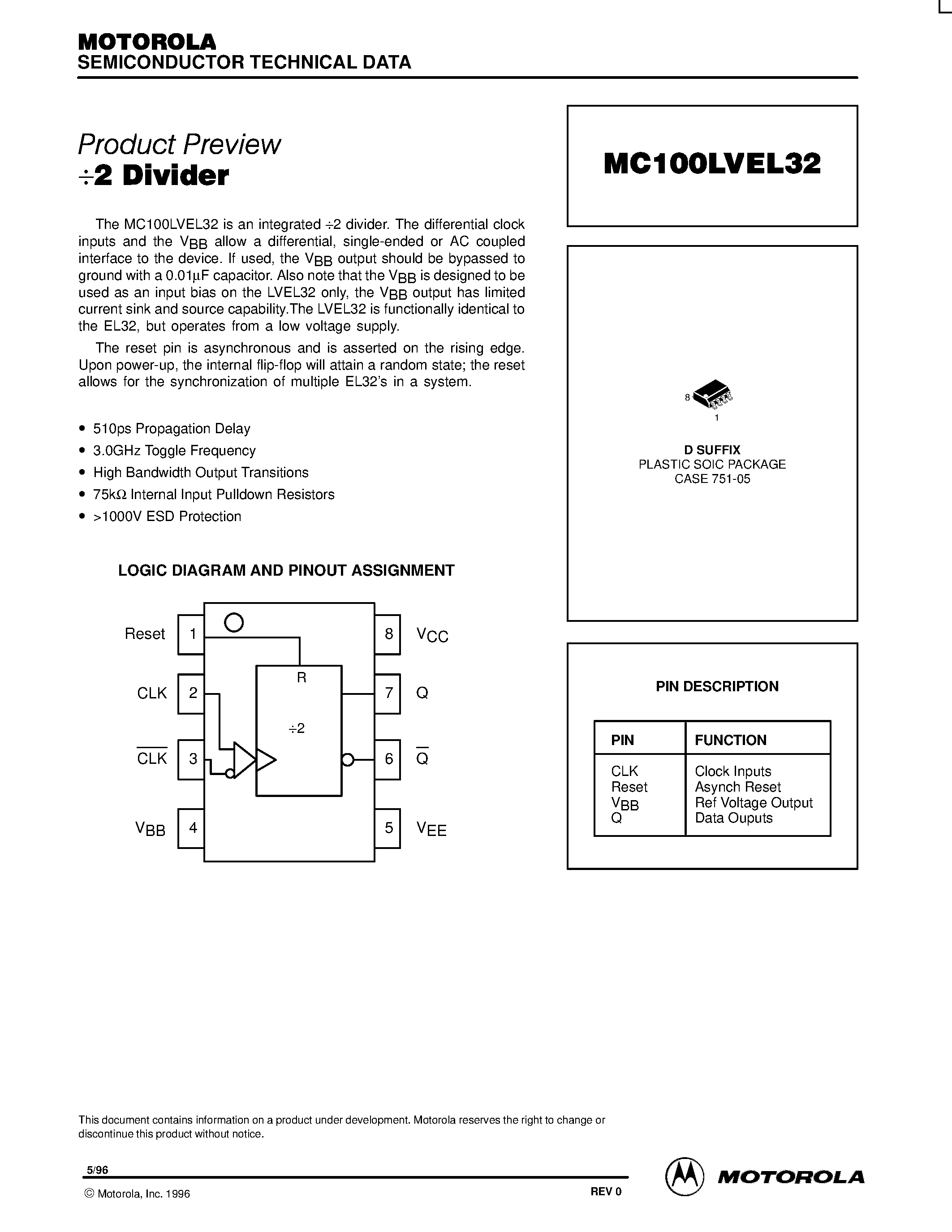 Даташит MC100LVEL32D - D SUFFIX PLASTIC SOIC PACKAGE CASE 751-05 страница 1