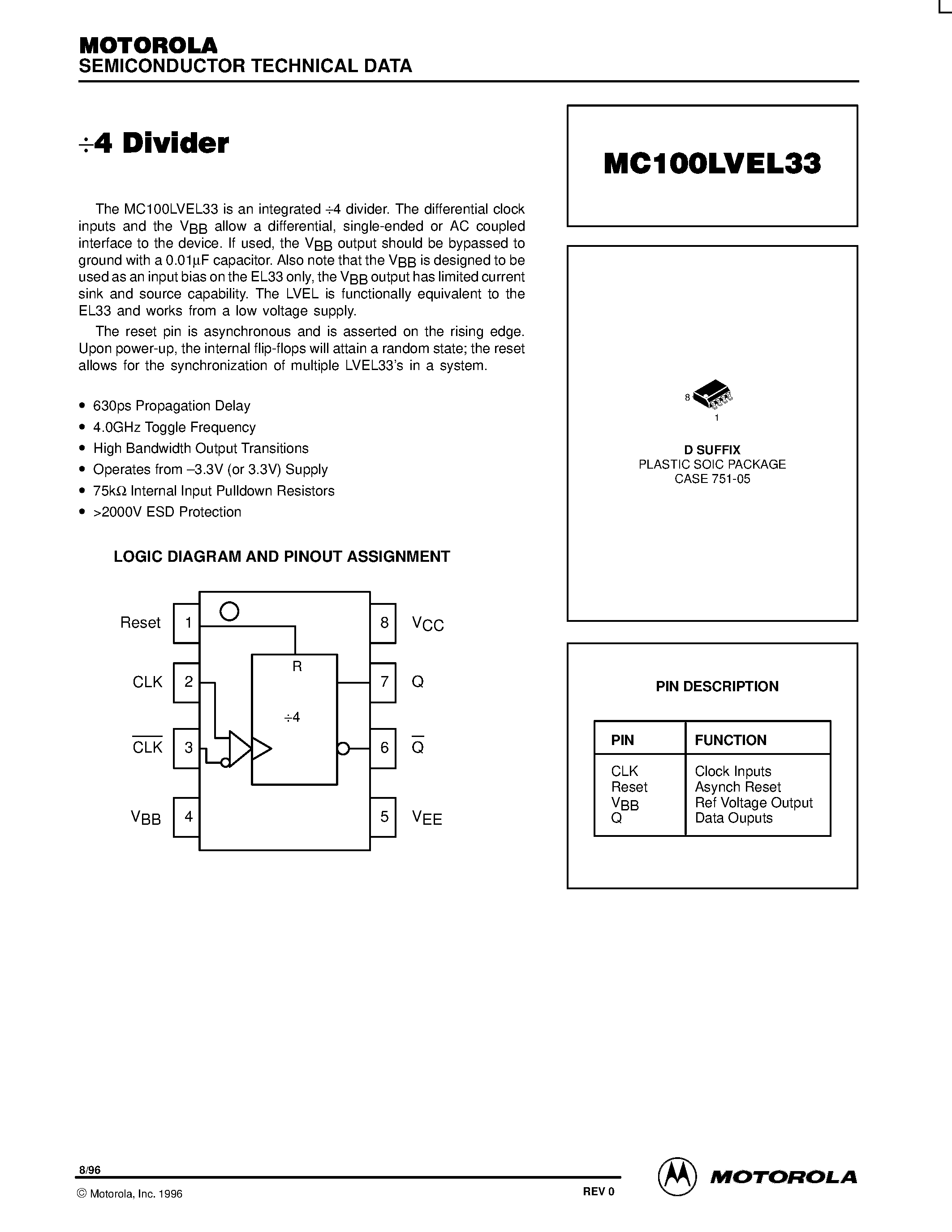 Datasheet MC100LVEL33D - 4 Divider page 1