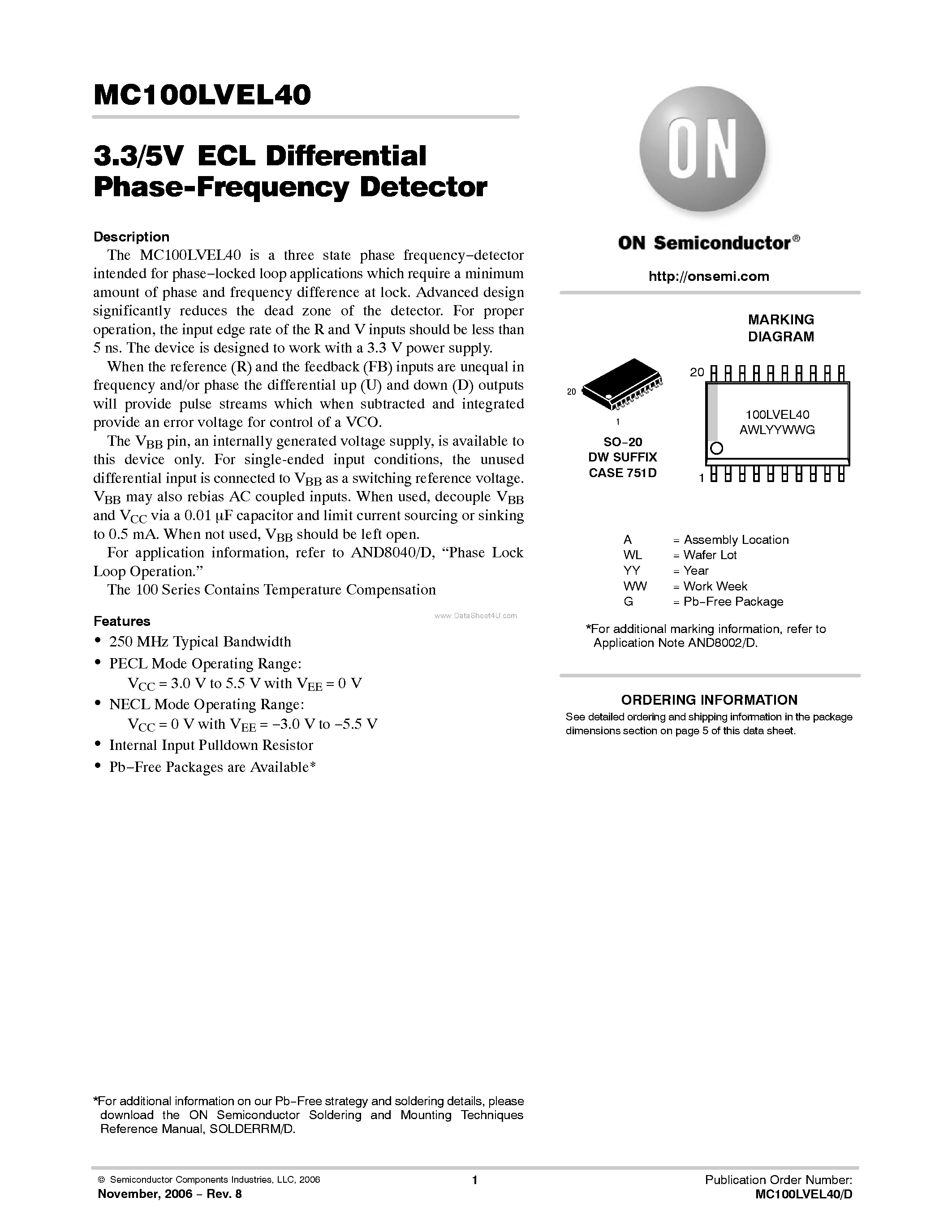 Даташит MC100LVEL40 - Phase-Frequency Detector страница 1
