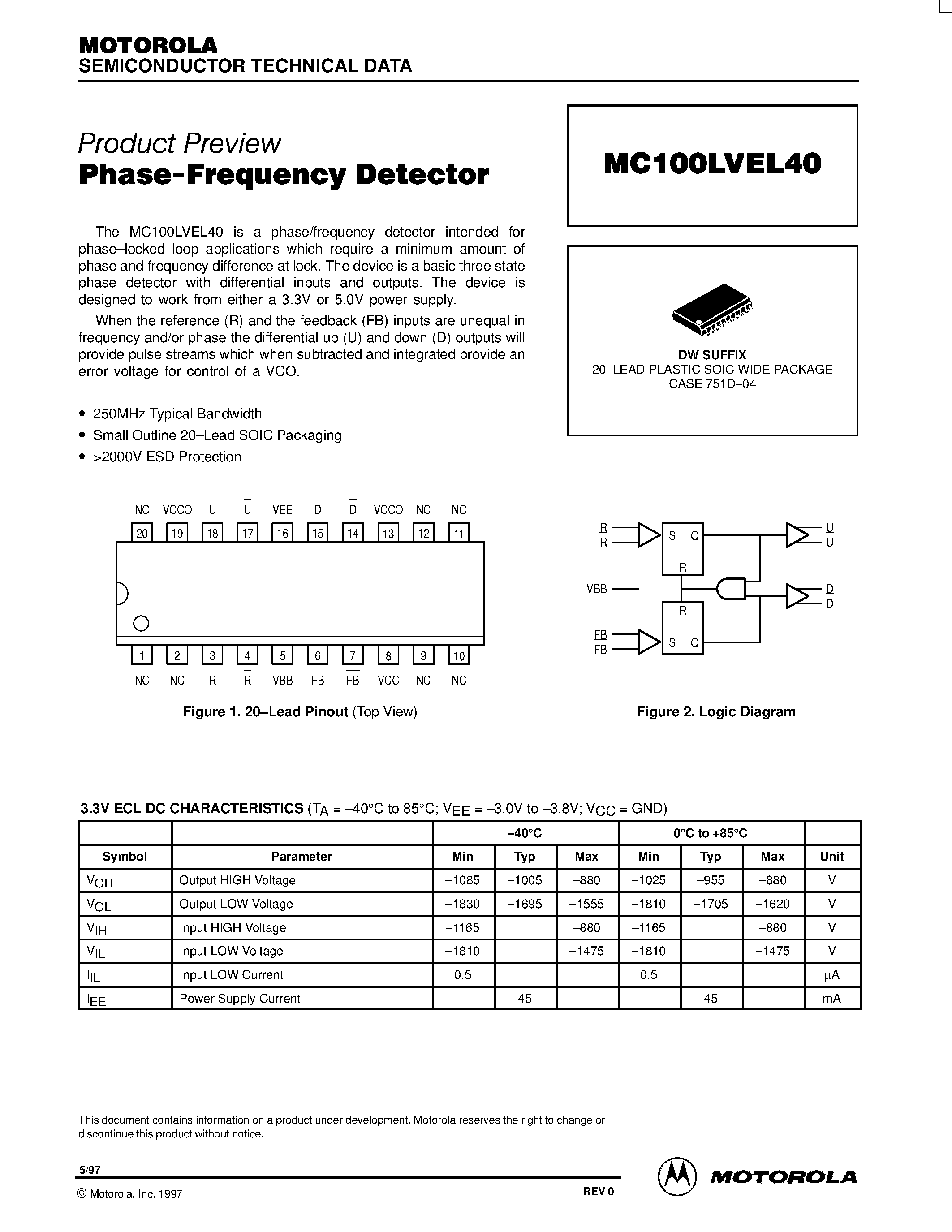 Даташит MC100LVEL40DW - Phase-Frequency Detector страница 1
