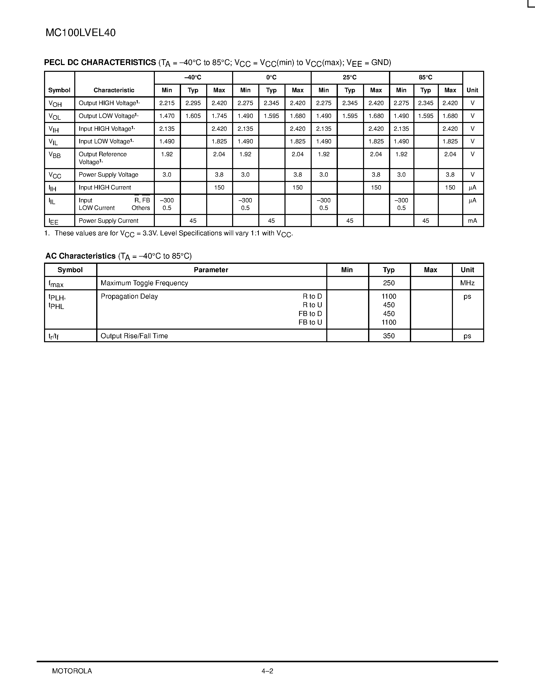 Даташит MC100LVEL40DW - Phase-Frequency Detector страница 2