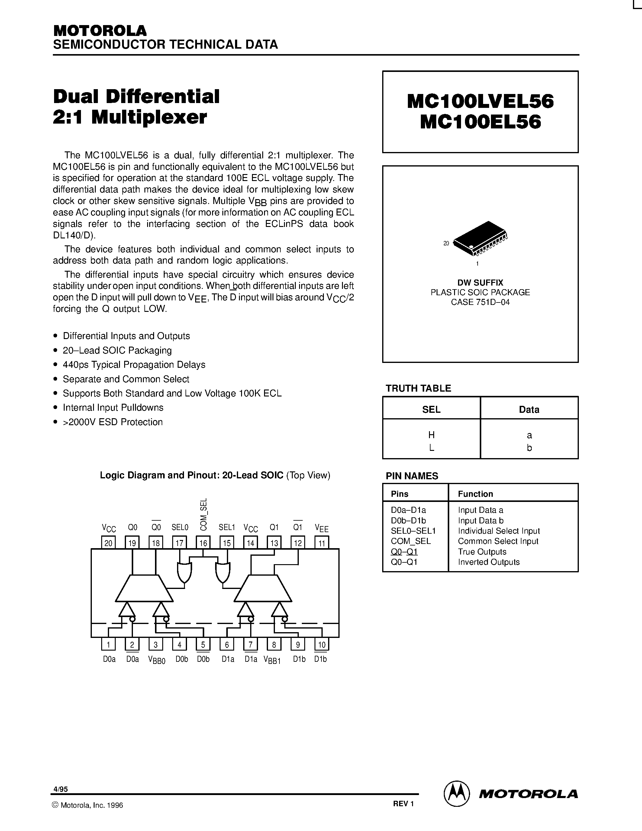 Даташит MC100LVEL56DW - Dual Differential 2:1 Multiplexer страница 1