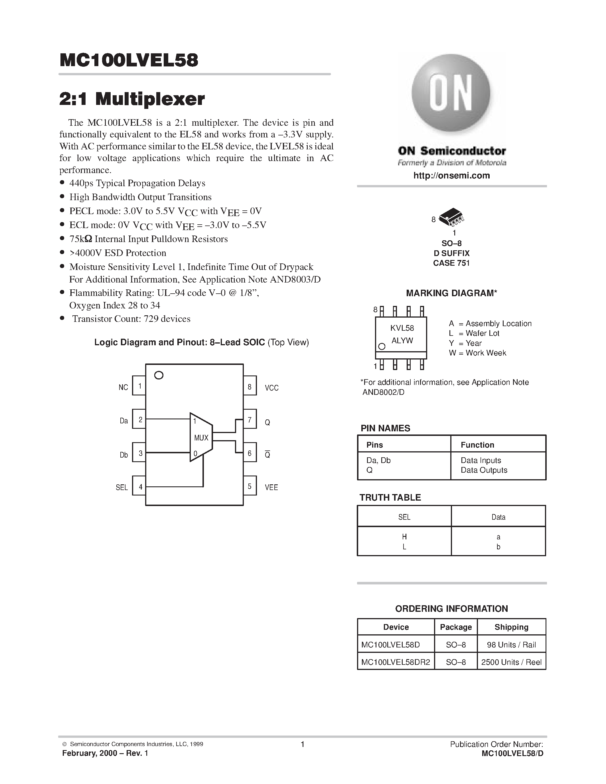 Даташит MC100LVEL58 - 2:1 Multiplexer страница 1